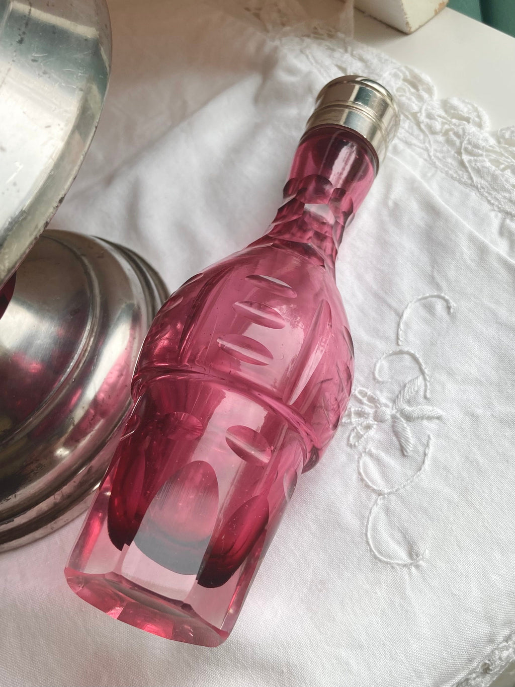 Antique Meriden Silver Plated Cruet Set: Cranberry Thumbprint Glass Bottles