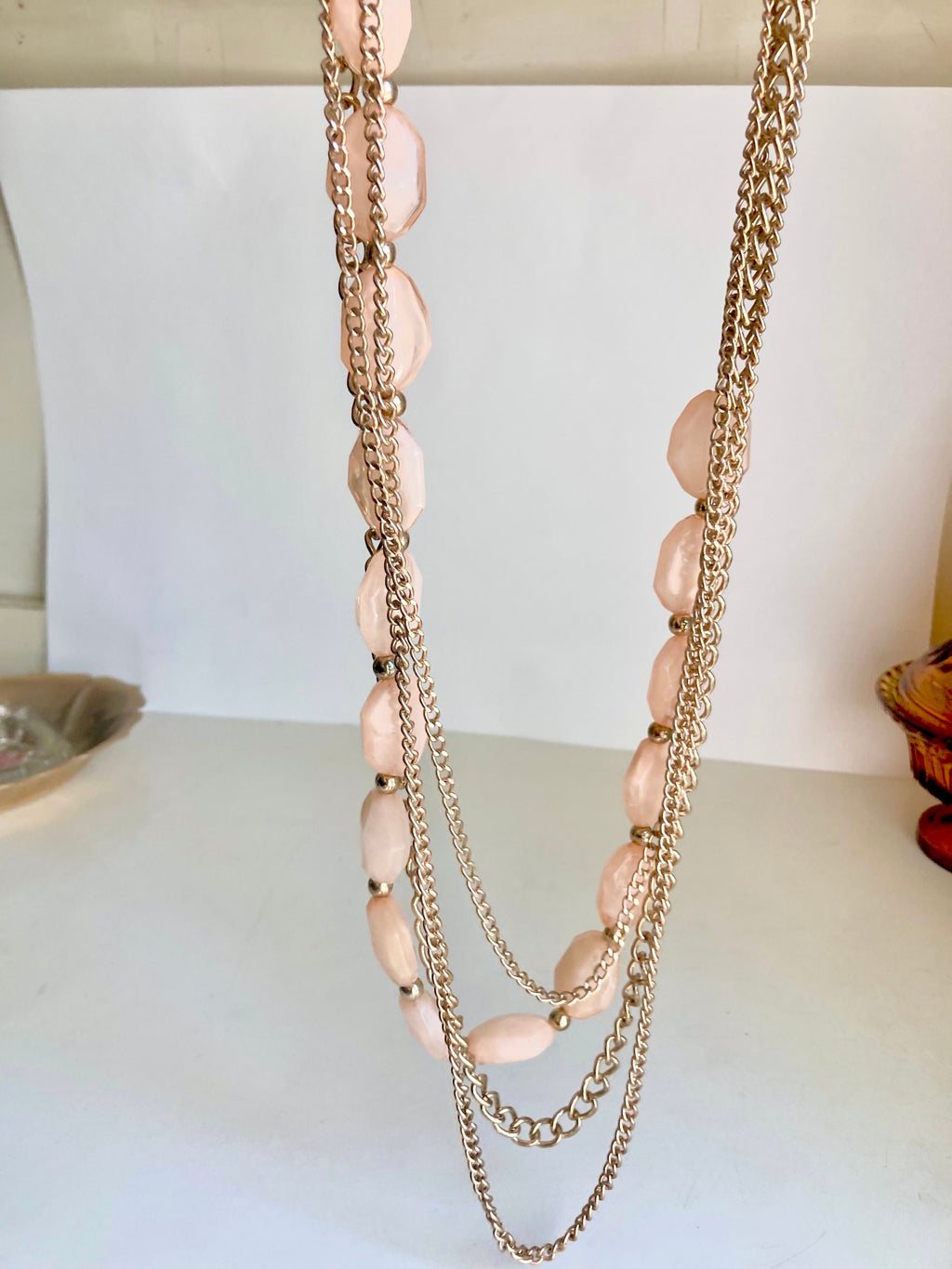 34" vintage Gold Tone Chain and Blush Pink Gem-Cut Beaded 4-Layered Necklace