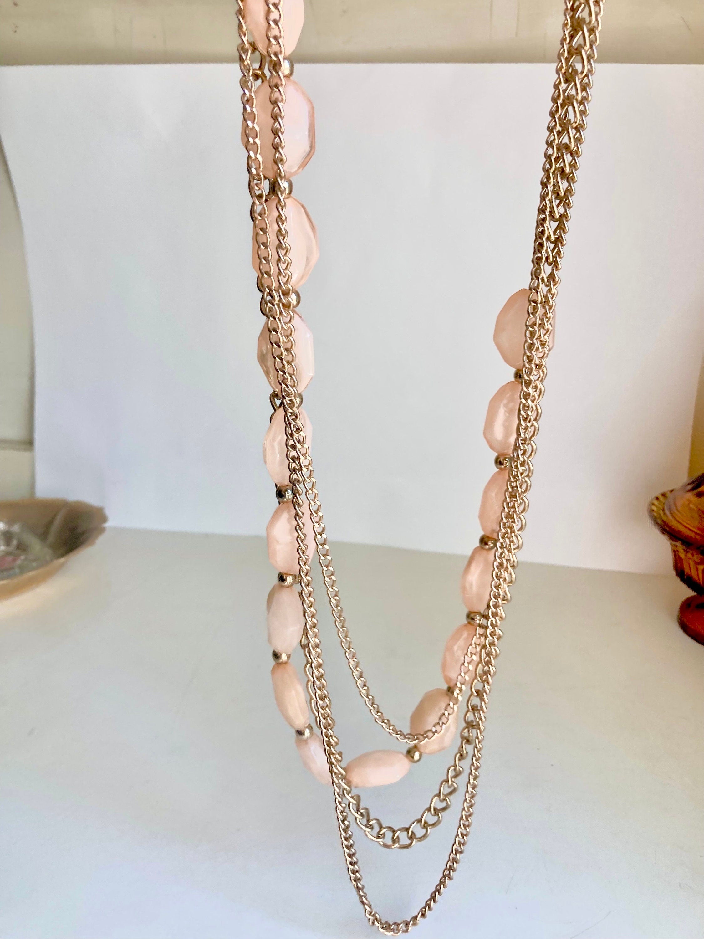 34" vintage Gold Tone Chain and Blush Pink Gem-Cut Beaded 4-Layered Necklace