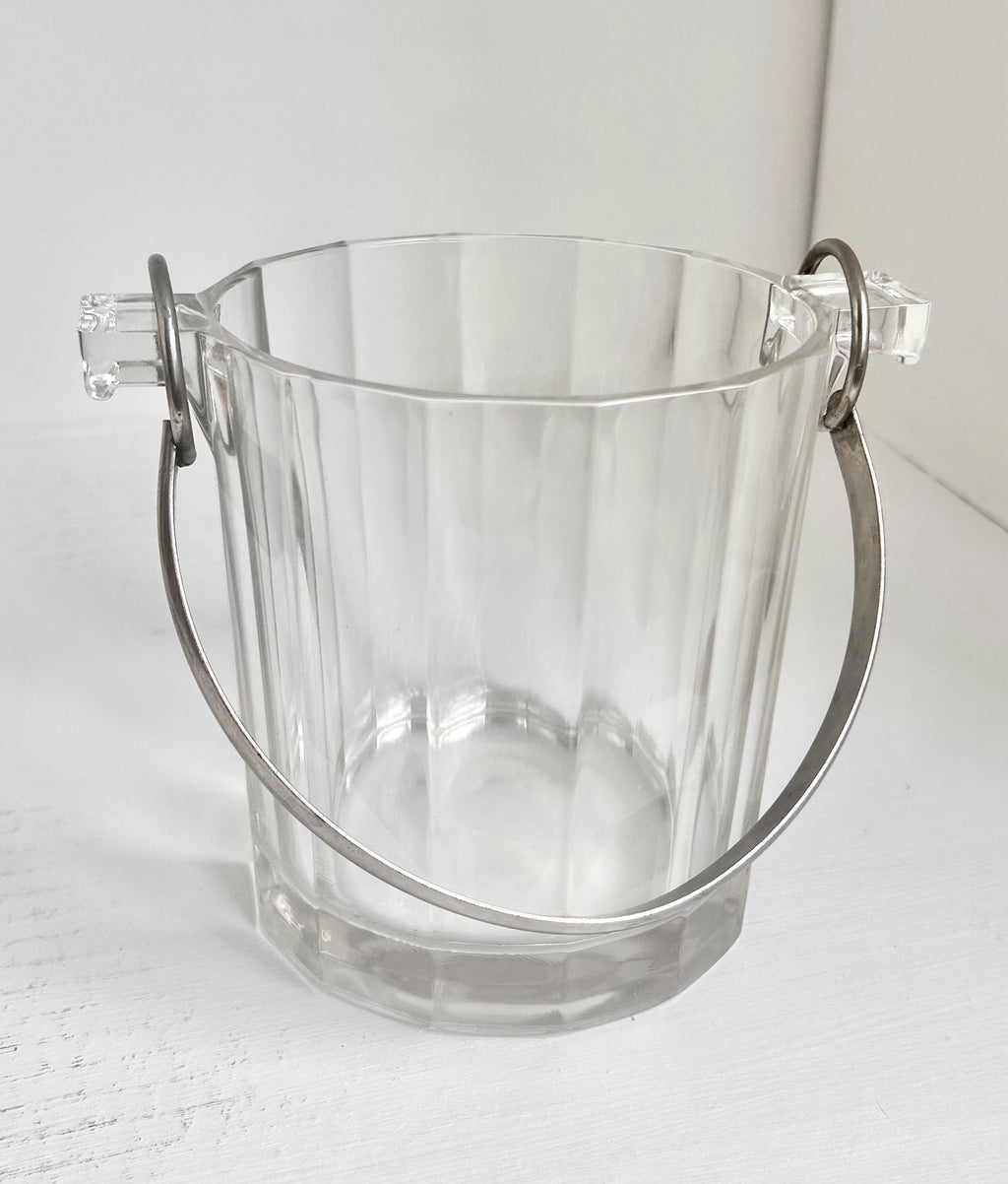 Vintage Paneled Glass Ice Bucket: Stainless Steel Handle Cocktail Serving Pail