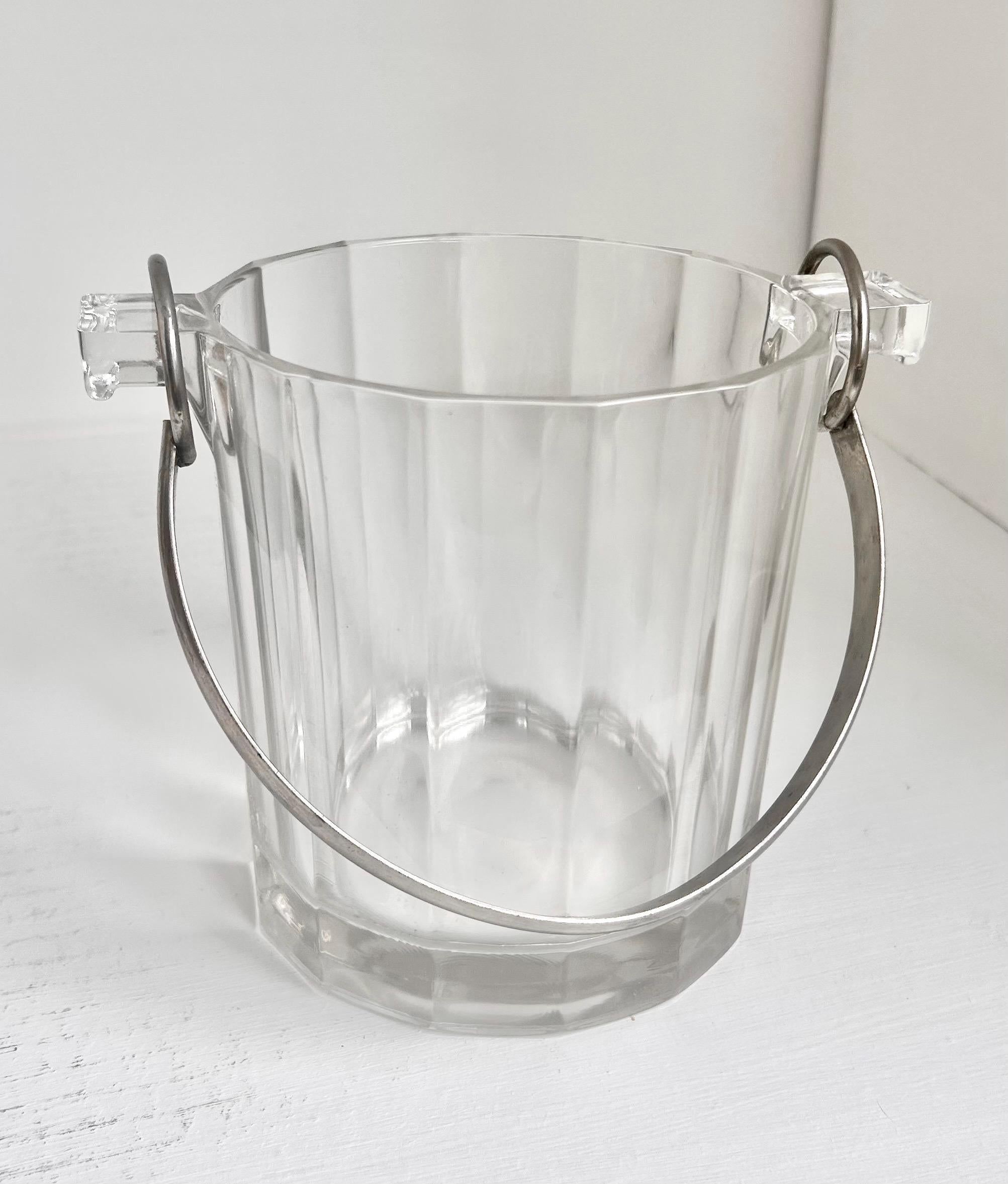 Vintage Paneled Glass Ice Bucket: Stainless Steel Handle Cocktail Serving Pail