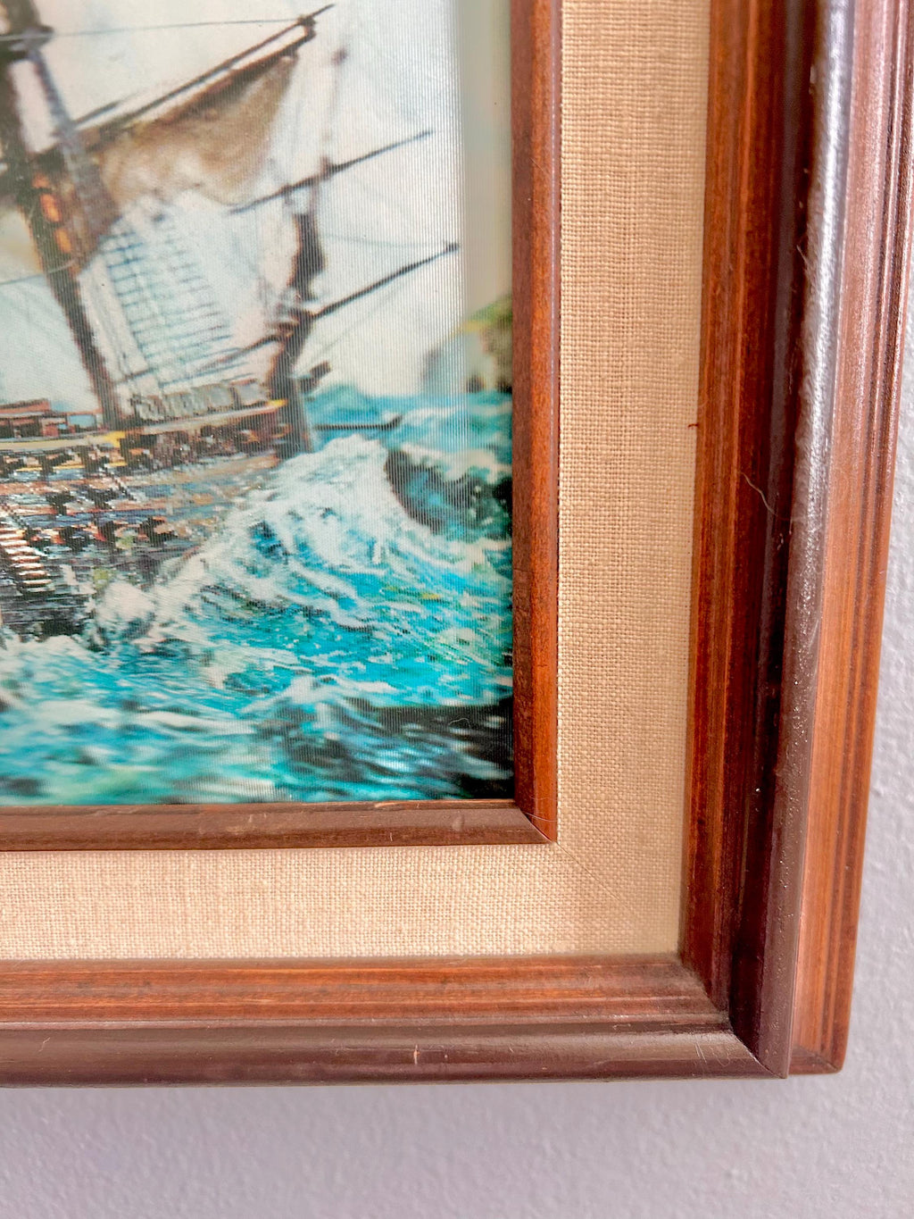 Vintage Lenticular Sailboat Art: 3D Hologram, Wood & Linen Frame