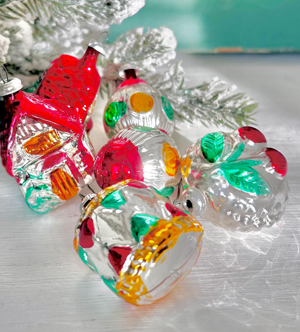 Set of Six Miniature Silvered Glass Ornaments West Germany