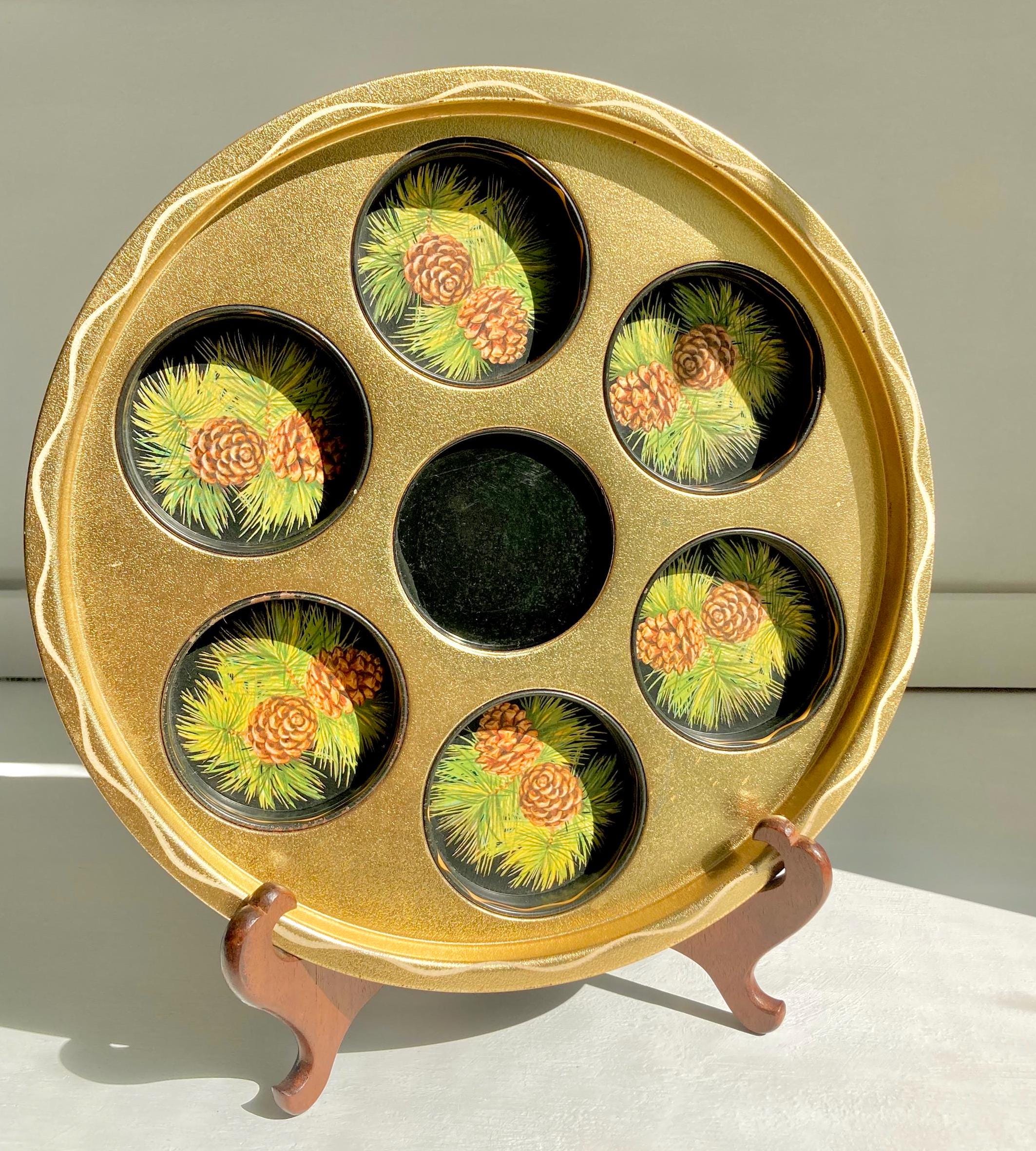 Vintage Kitsch Pinecone Drinks Tray: Painted Aluminum Cabin Decor