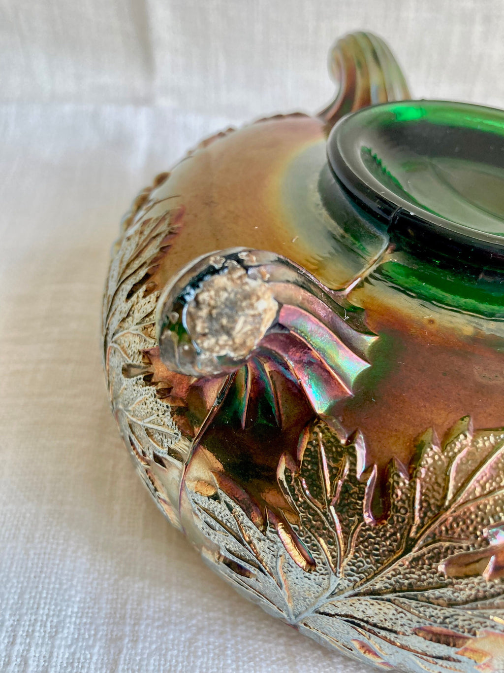 Vintage Fenton green Emerald Carnival Glass Three Footed Grape Vine Bowl - Fair Condition - a Beauty!