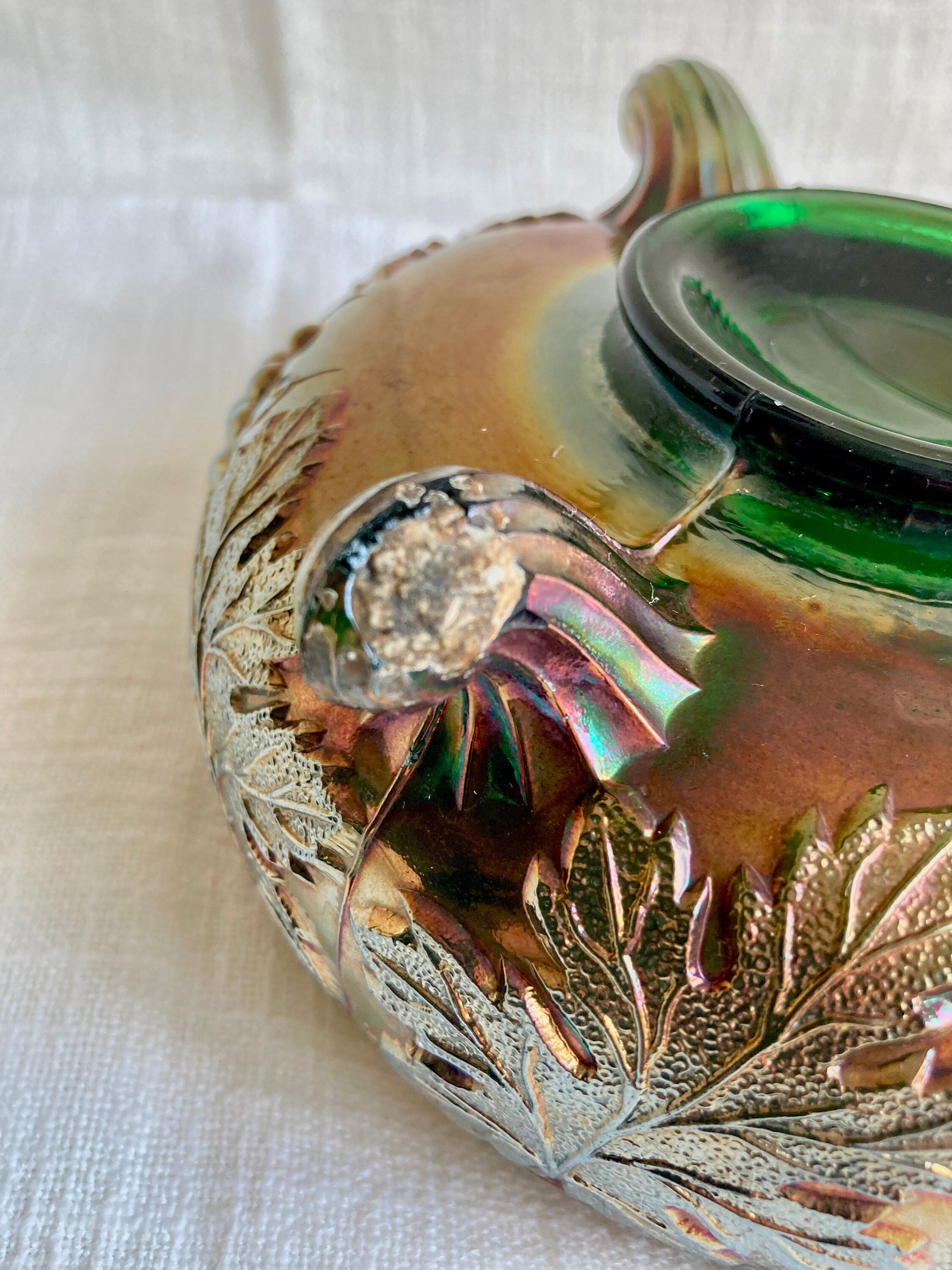 Vintage Fenton green Emerald Carnival Glass Three Footed Grape Vine Bowl - Fair Condition - a Beauty!