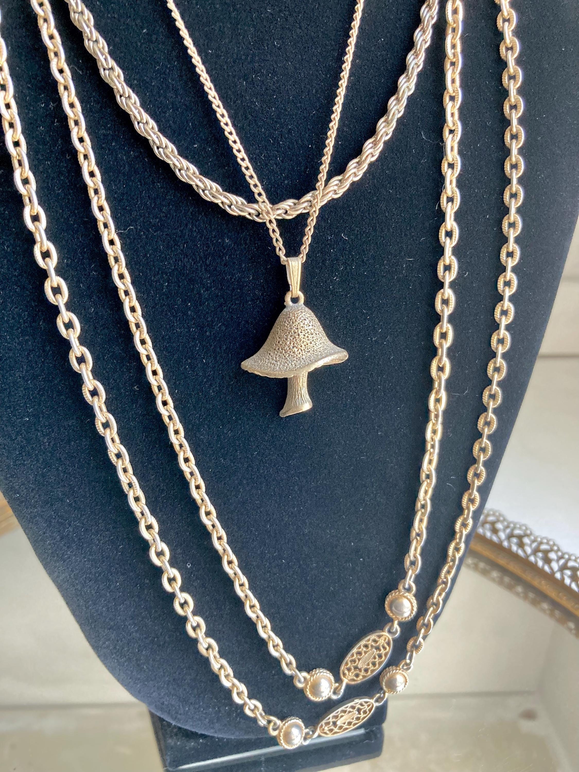 Vintage Gold Tone Necklace: Sarah Coventry Mushroom Pendant or Long Filigree Chain