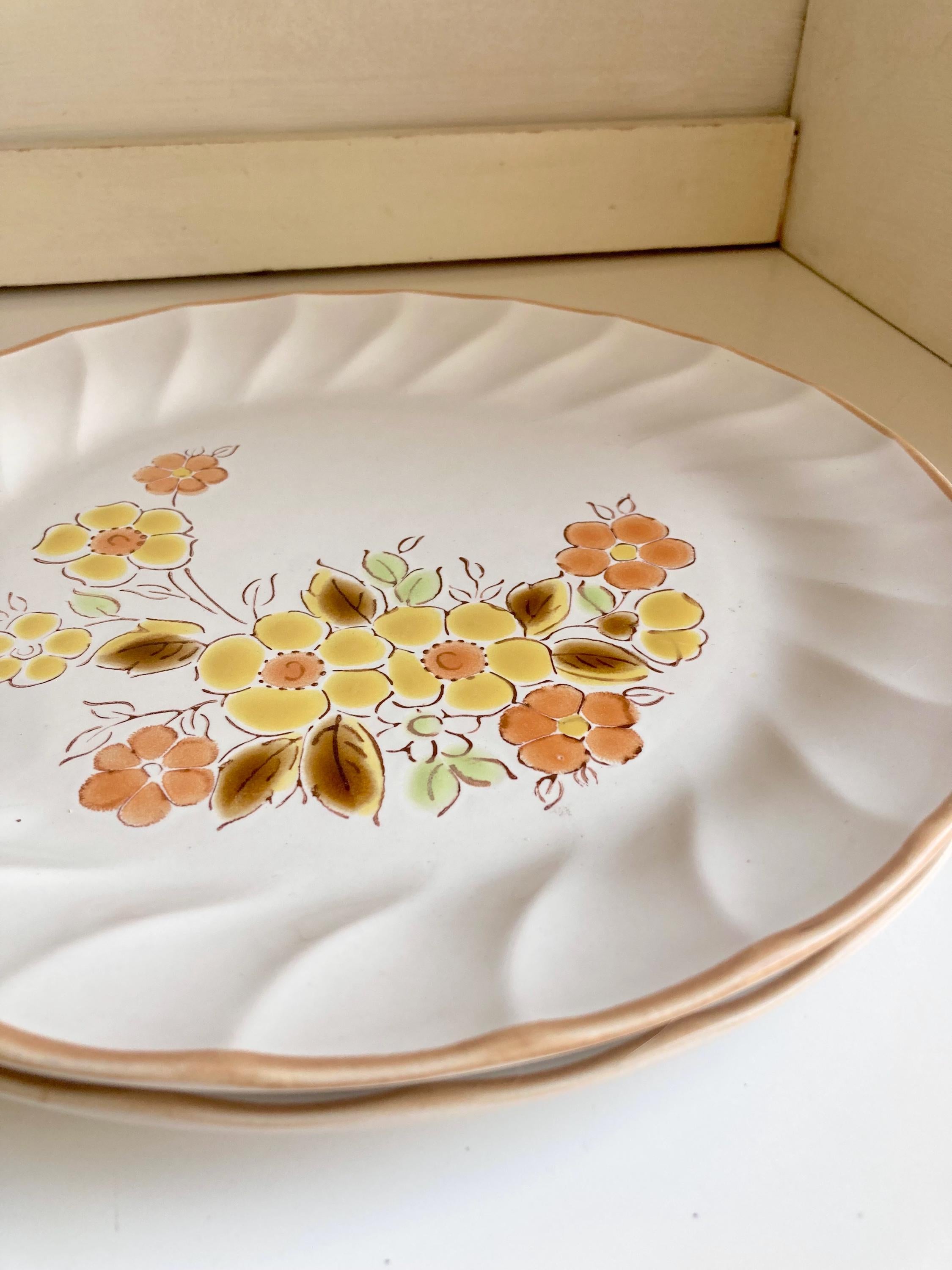 Vintage Gaiety Sculptura Stoneware Dinner Plates Pair - Orange Yellow Floral - Japan