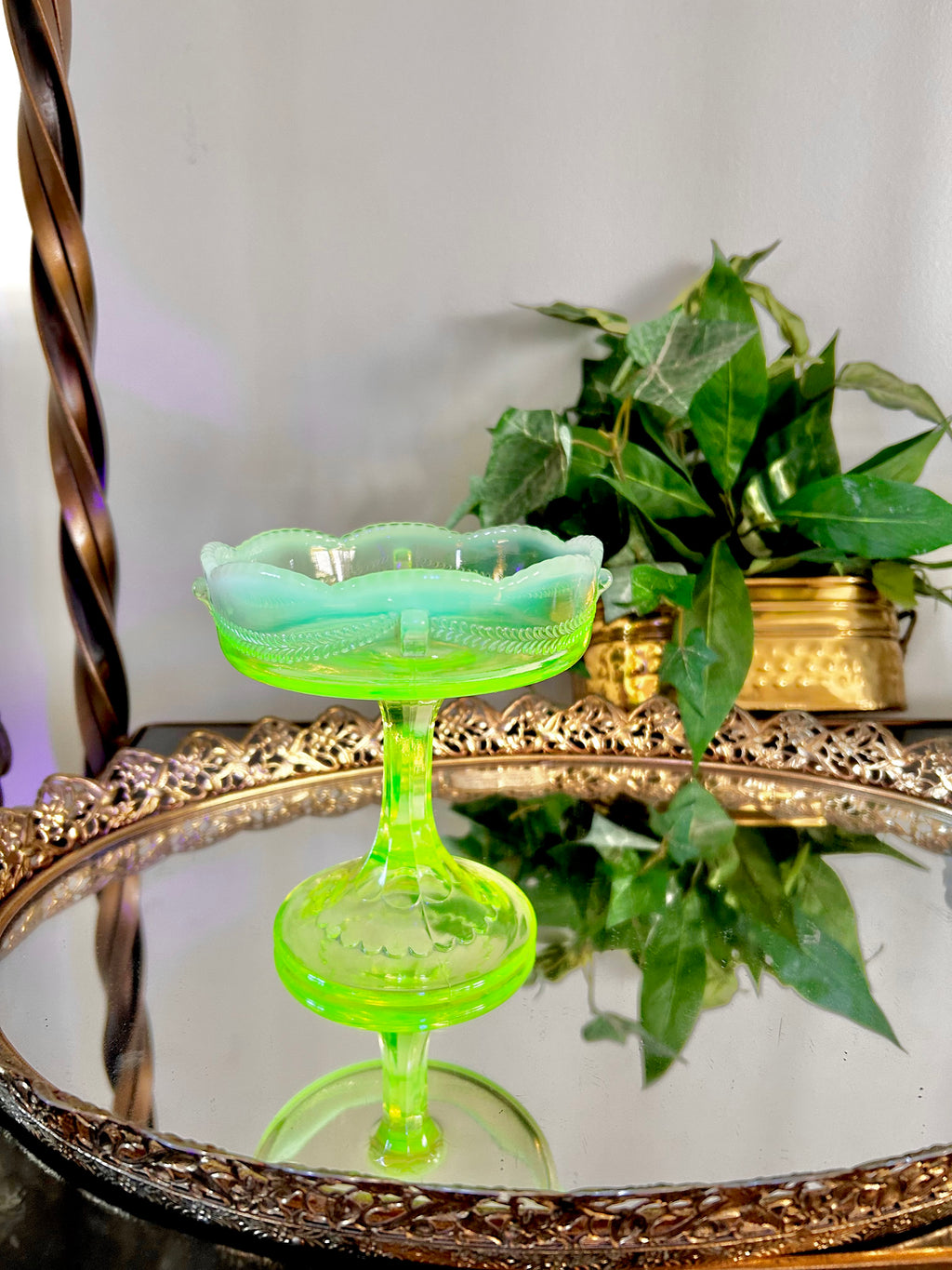 Antique Jefferson Glass Vaseline Opalescent Compote