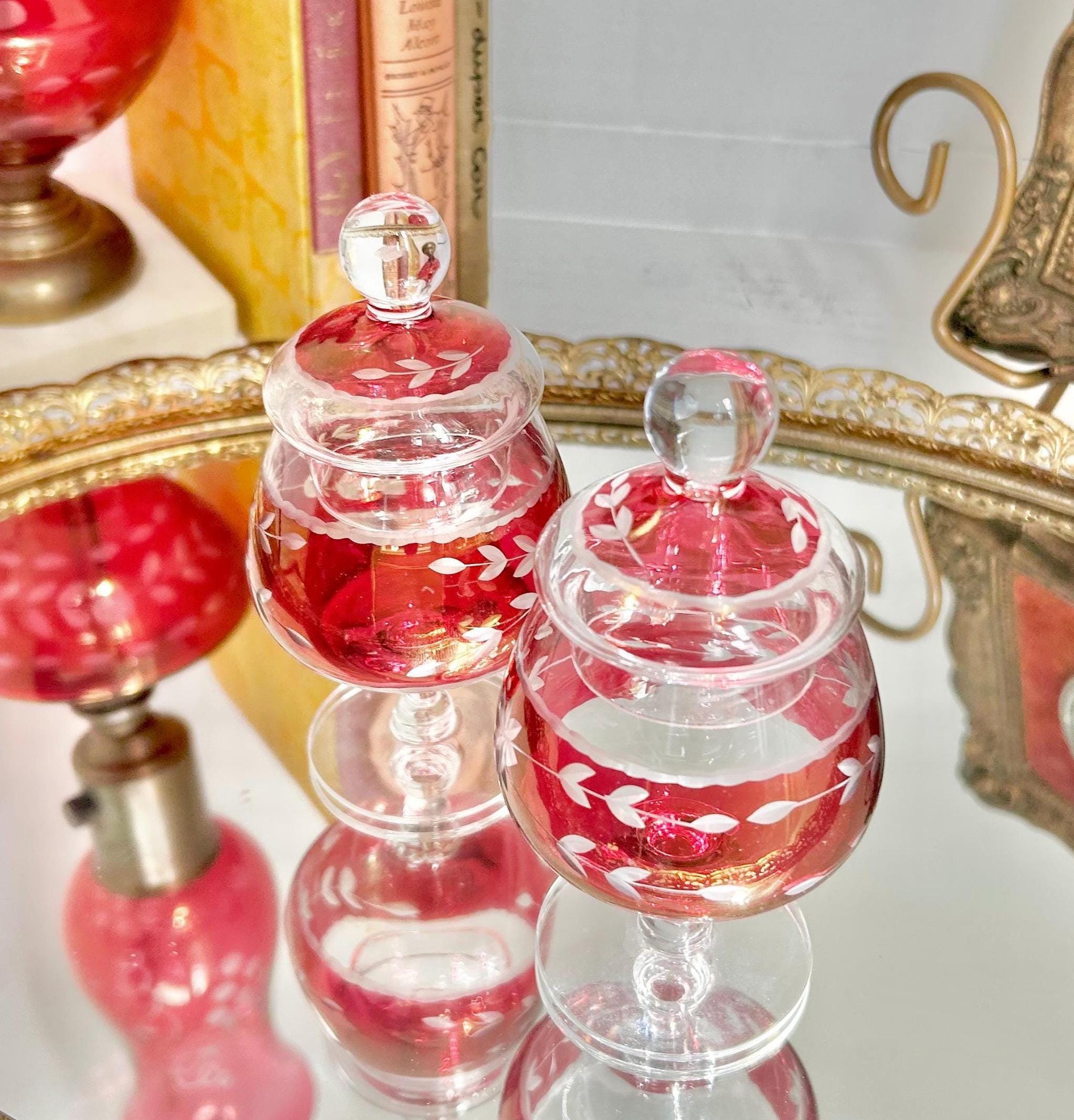Vintage Cranberry Cut-to-Clear Glass Canister: Bohemian Ruby Red Candy Jar