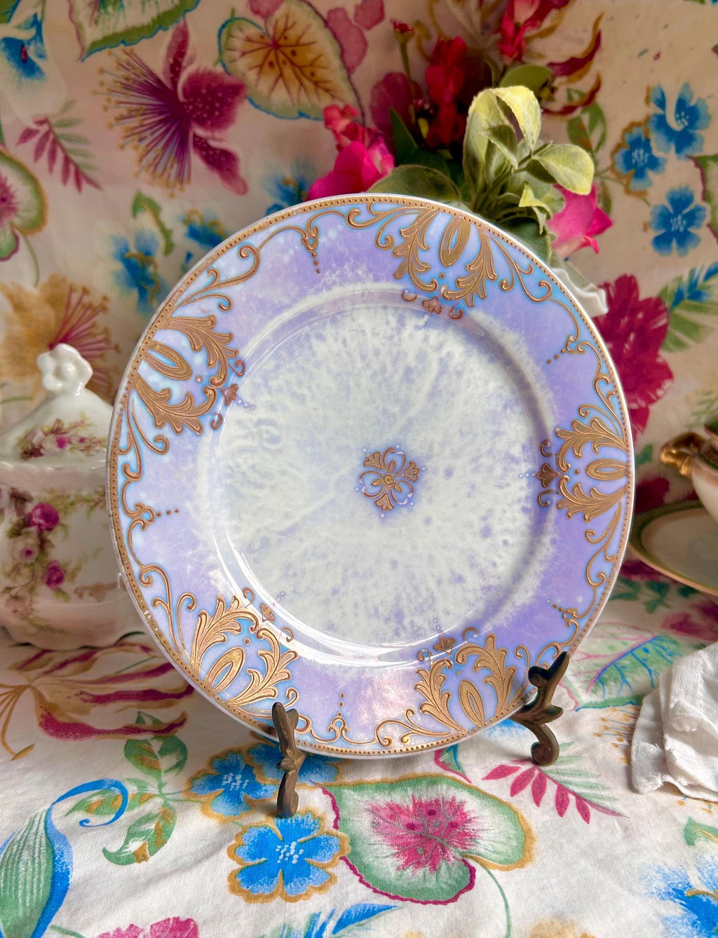 Vintage Purple Lusterware Plate: Gold Filigree Trim, RS Japan