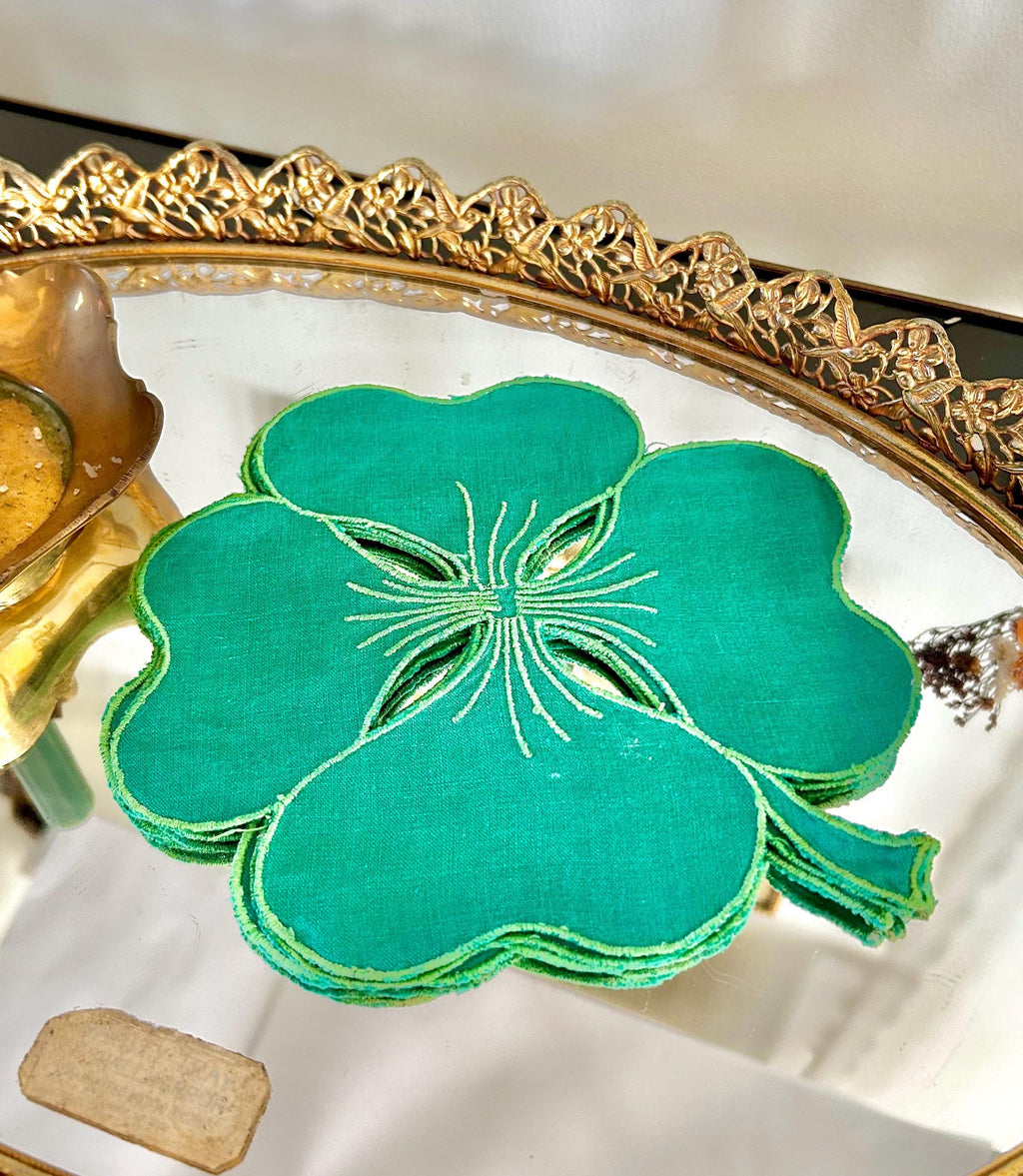Vintage Hand Stitched Linen Shamrock Coasters in Emerald Green Set of 4
