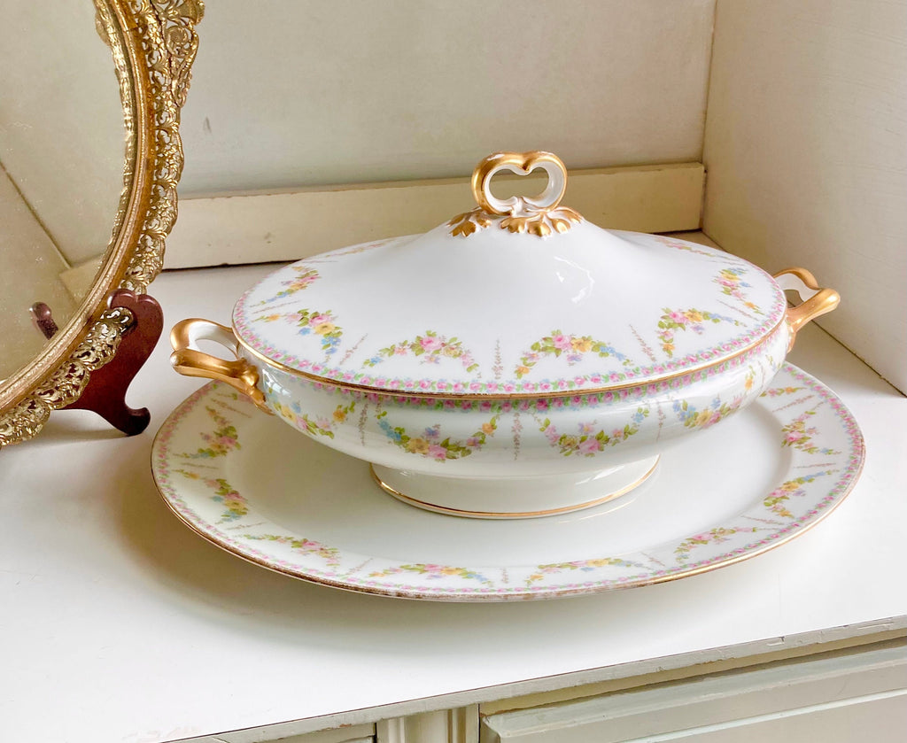 Vintage Limoges France Lidded Tureen: Wm Guerin & Co Floral Garland
