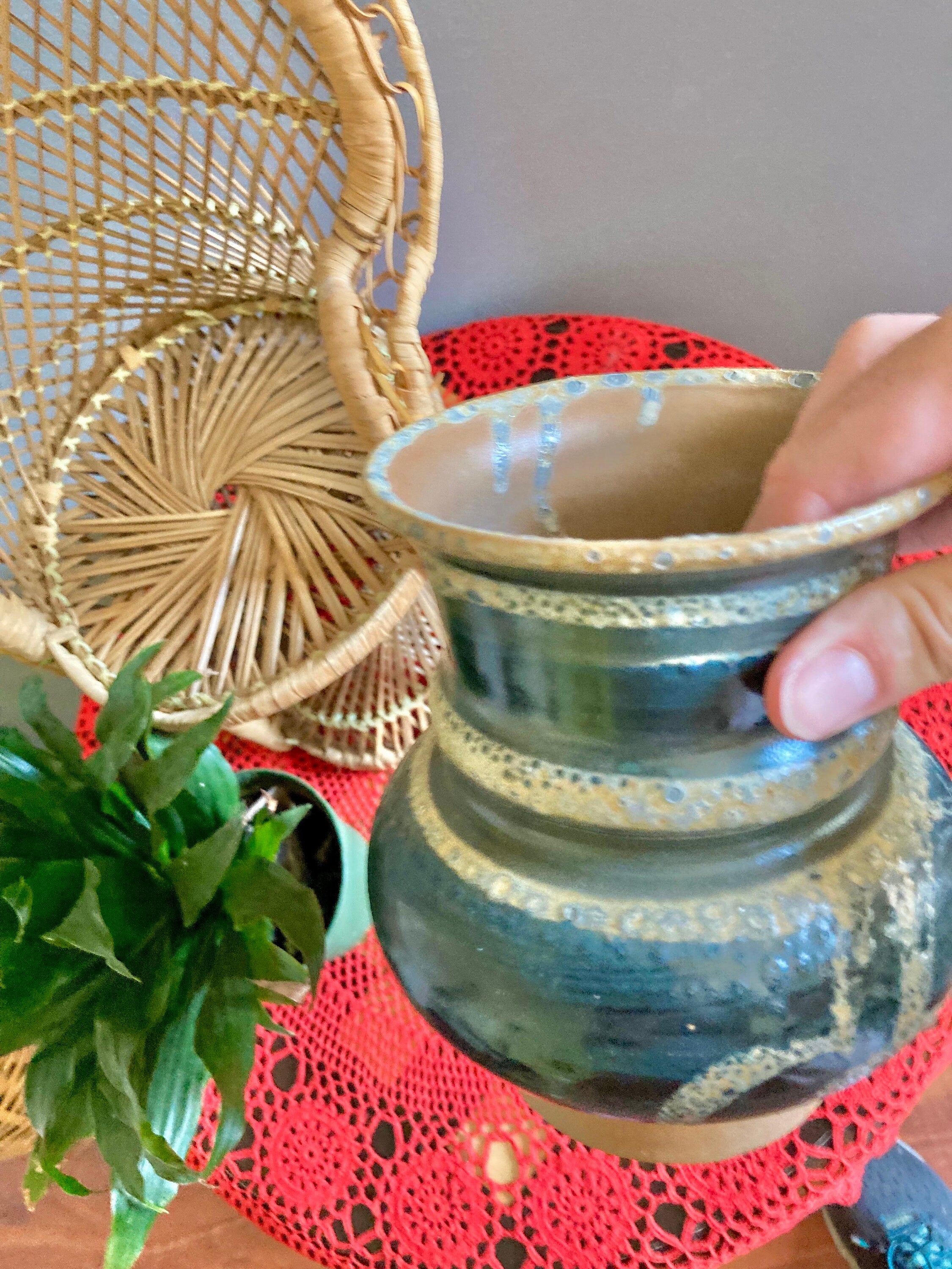 Ceramic Thrown Pottery Vase in Earth tones and a Deep Sea-green Glaze