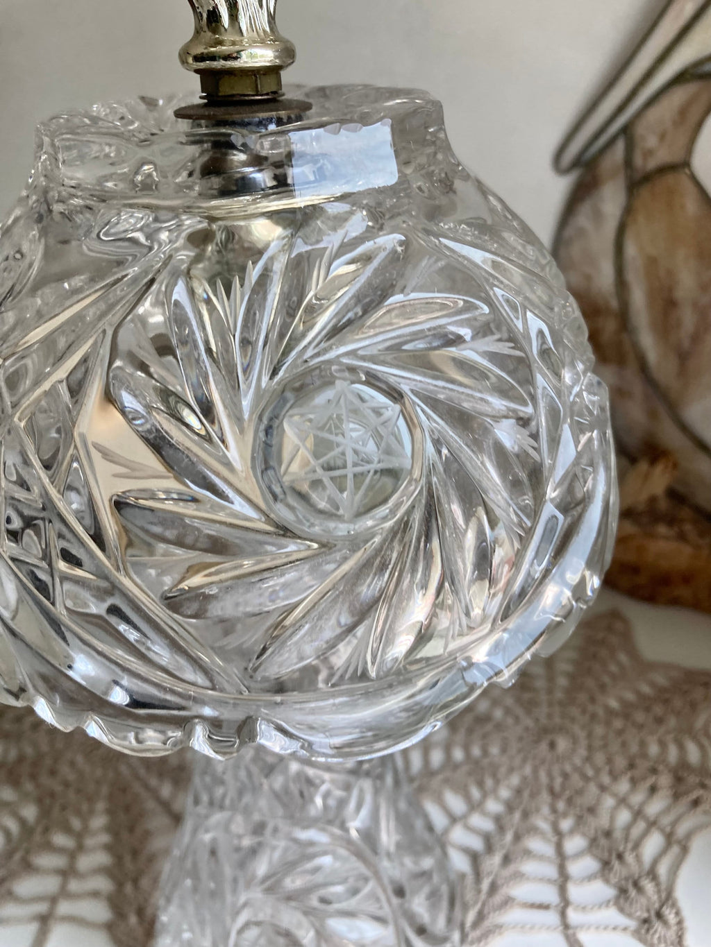 Small Glass Boudoir Parlor Lamp with Brass Finishings - Cut Geometric and Star Pattern