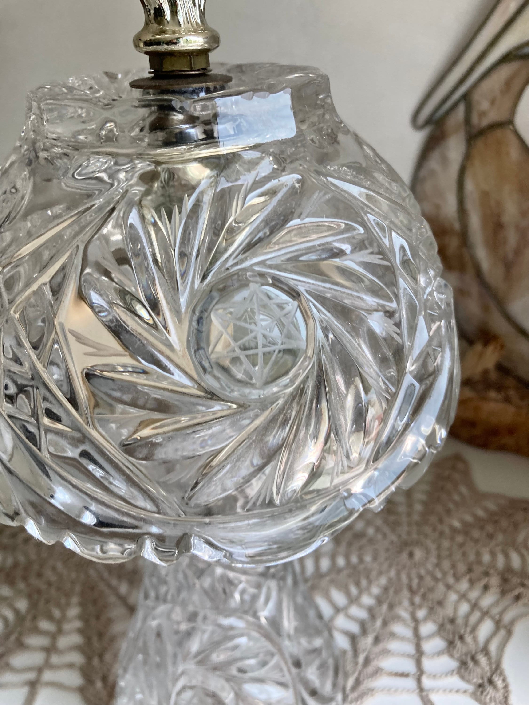 Small Glass Boudoir Parlor Lamp with Brass Finishings - Cut Geometric and Star Pattern
