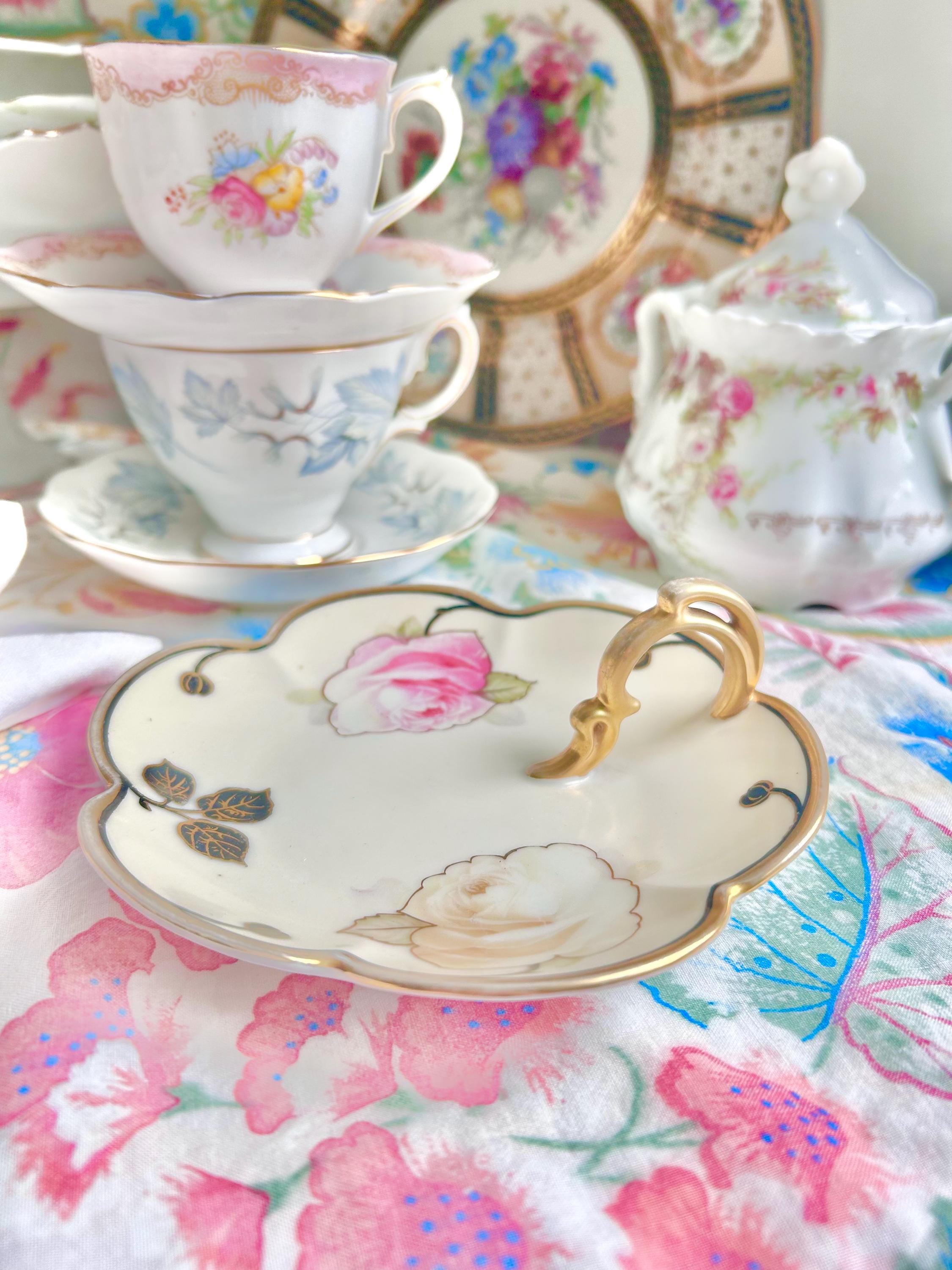 Vintage Bavaria Porcelain Finger Loop Plate: Floral Rose Serving Dish