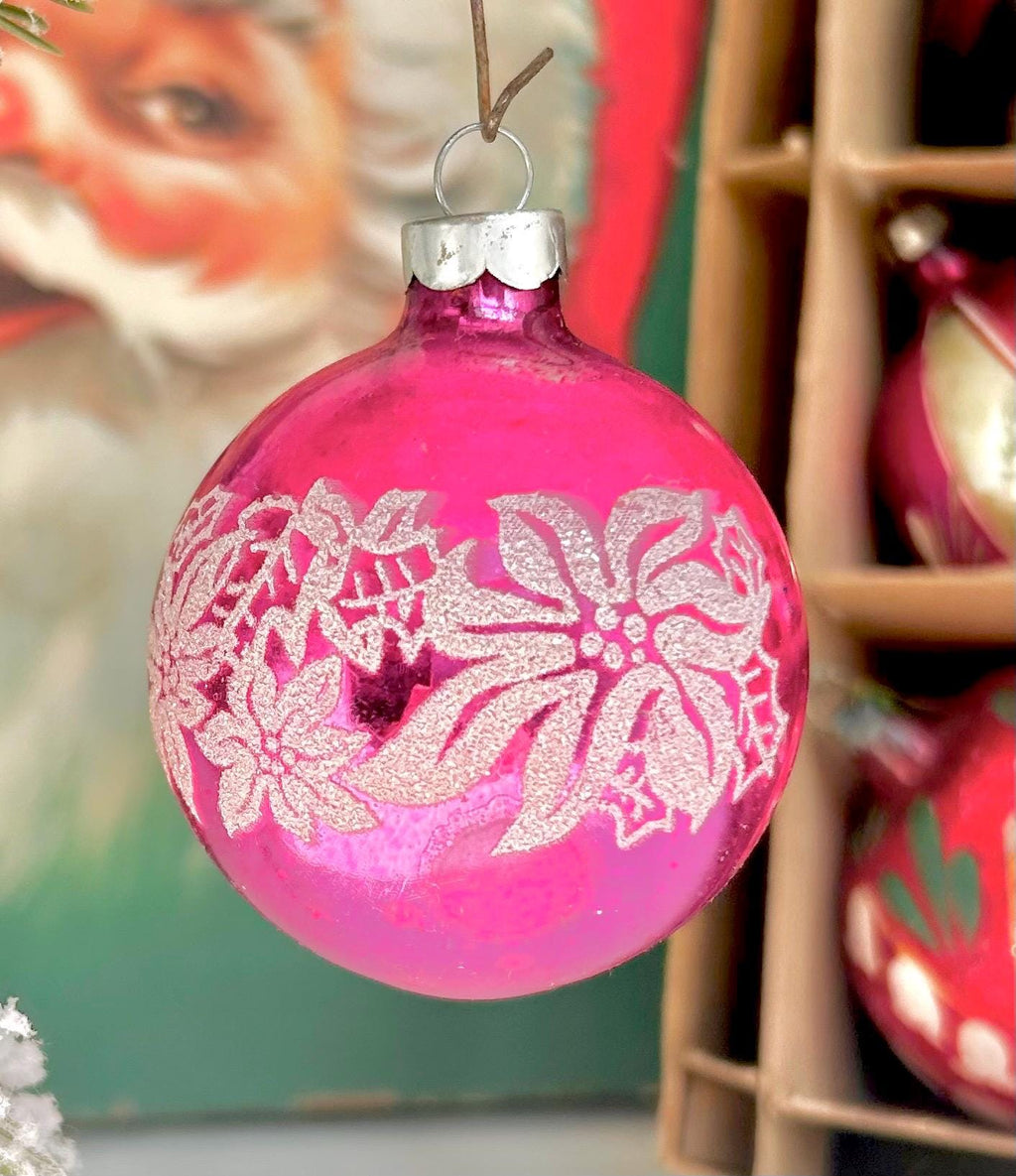 Vintage Stenciled Glass Christmas Ornament: Flocked Holiday Bulbs, USA Made