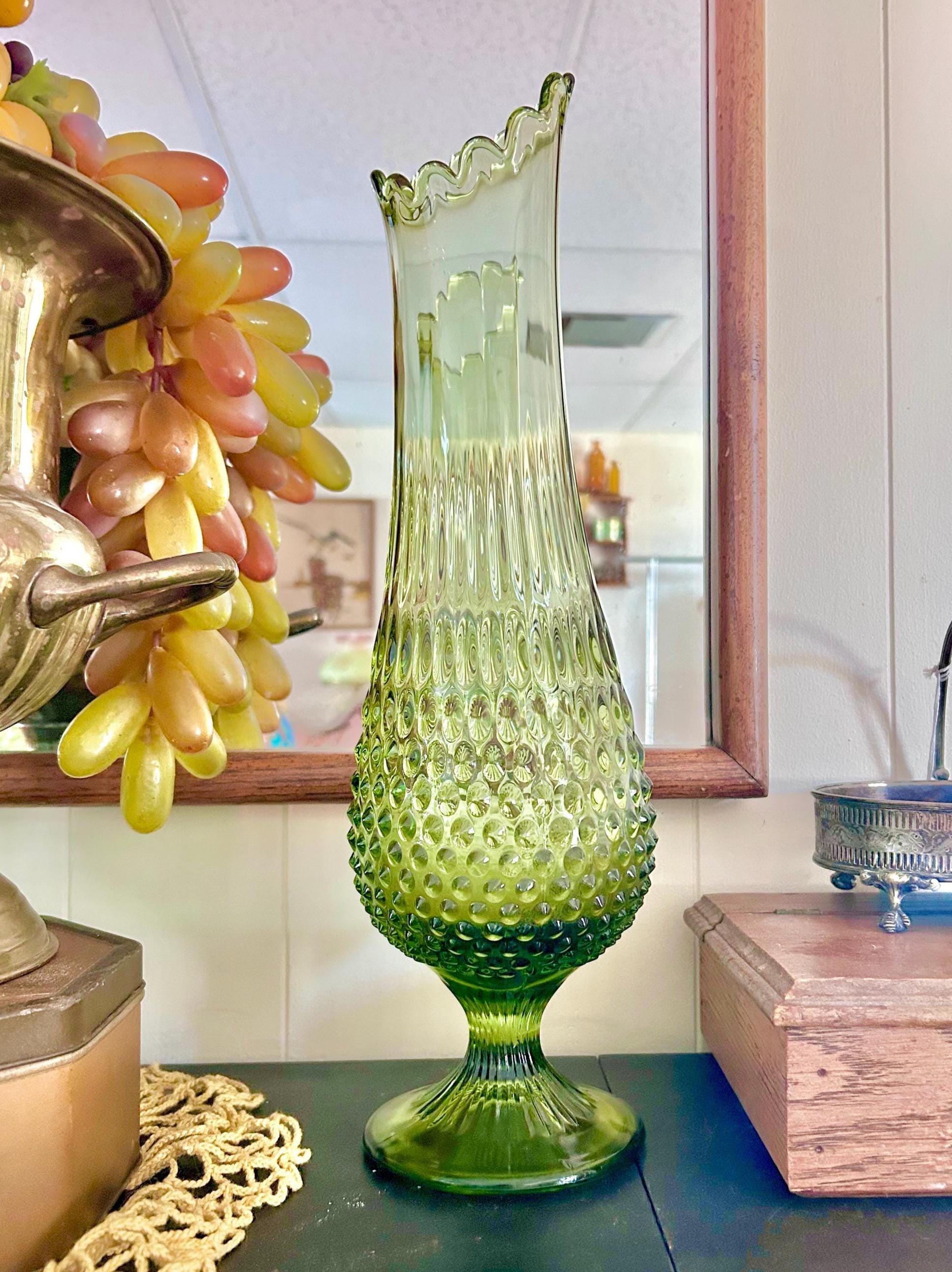 Mid-Century Fenton 17 inch Glass Swung Vase: Avocado Green Hobnail, 1960s
