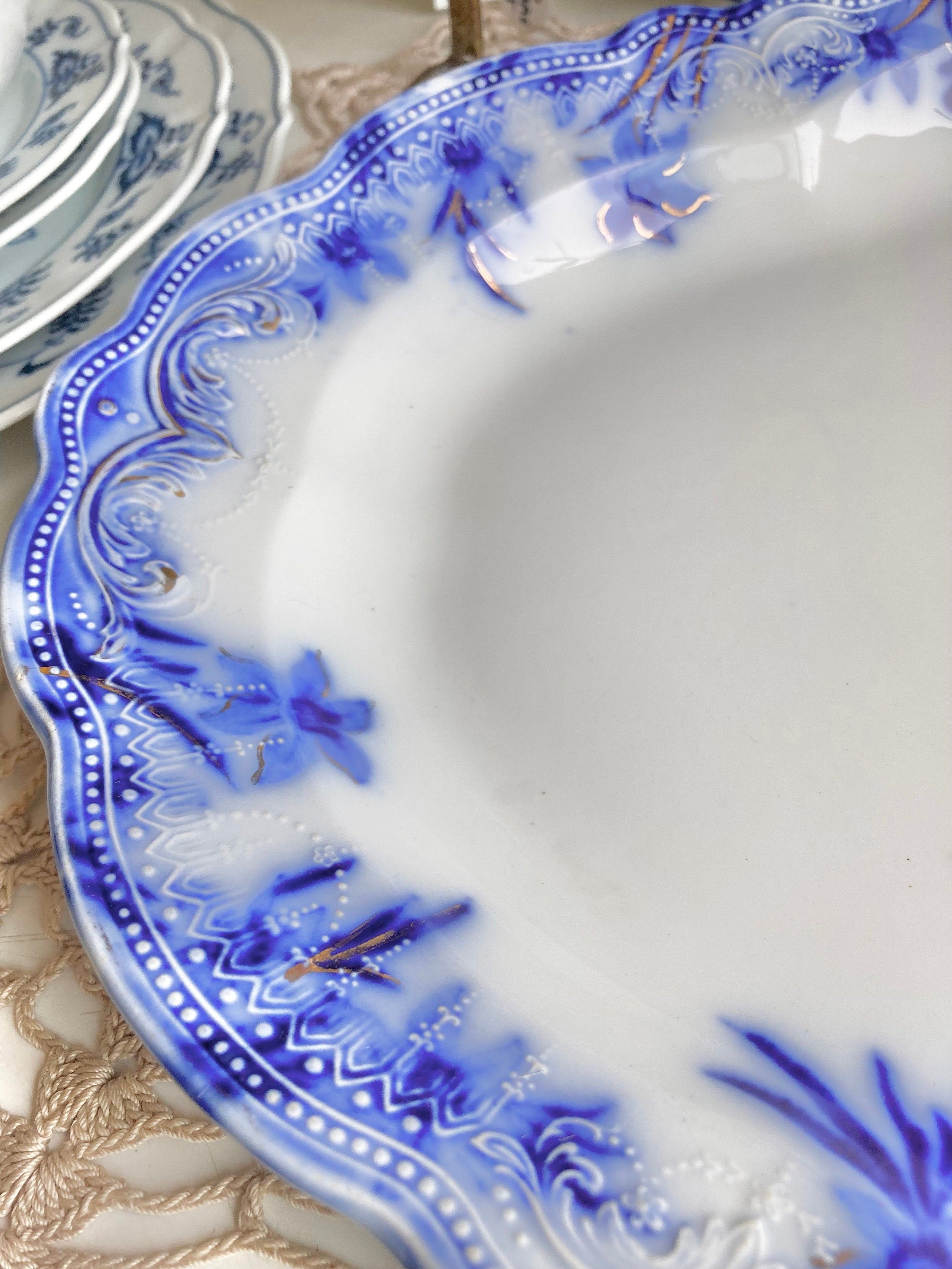 Antique Grindley Flow Blue Platter: 16" Dover Daffodil Floral