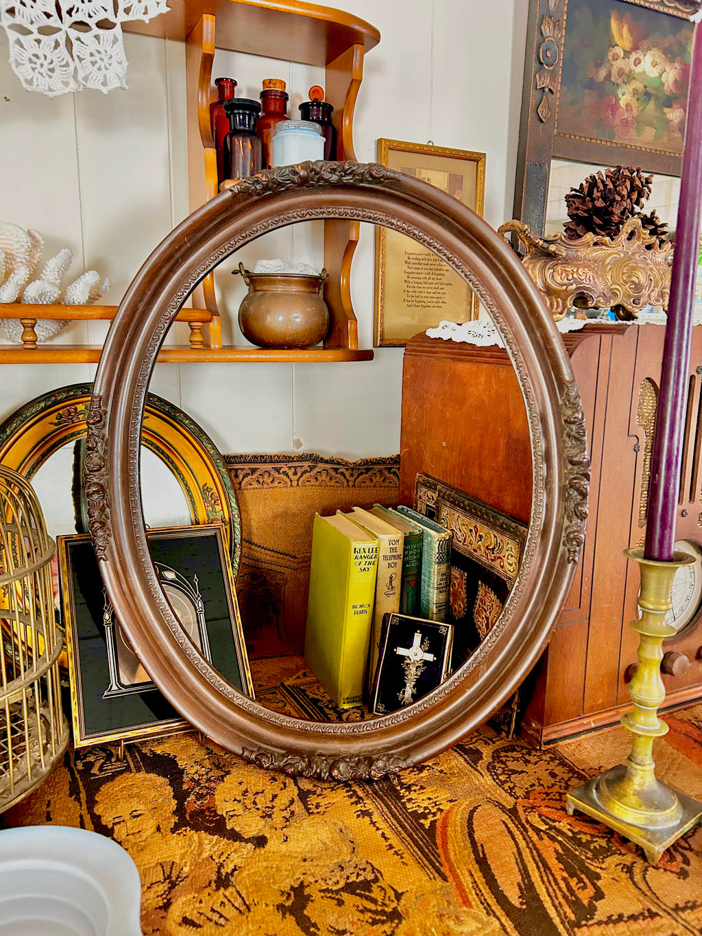 Antique Wooden Oval Frame with Carved Floral Garland