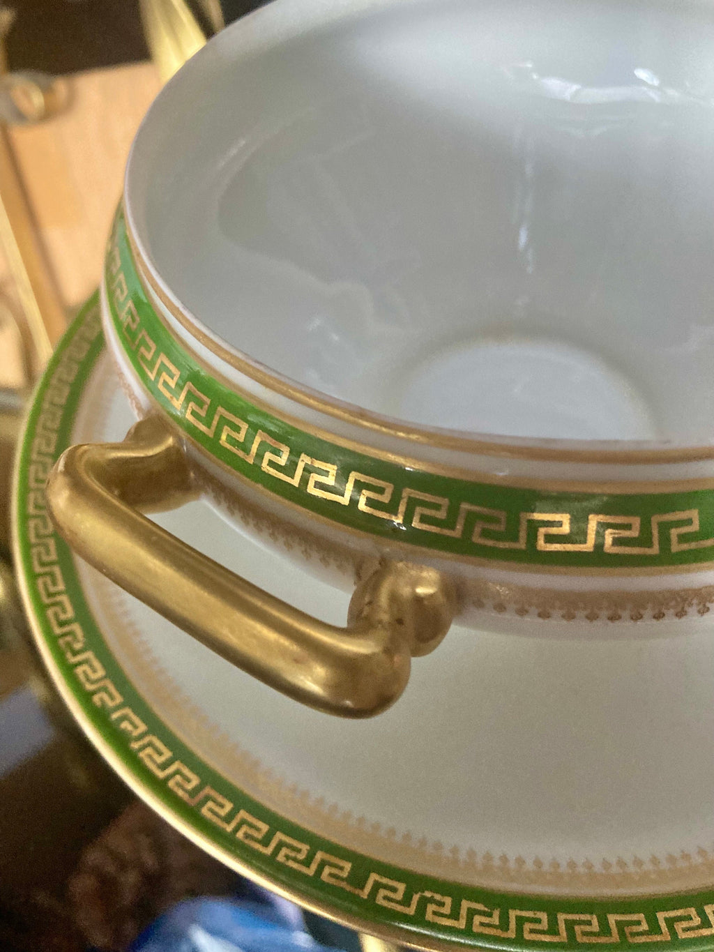 Vintage Porcelain LIMOGES Lidded Tureen with Olive Green and Gold Trim, Gold Handles