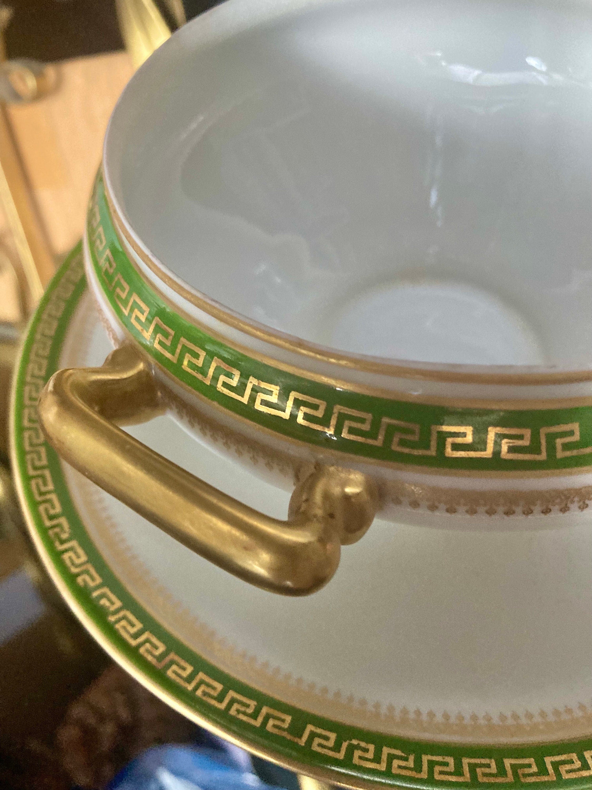 Vintage Porcelain LIMOGES Lidded Tureen with Olive Green and Gold Trim, Gold Handles