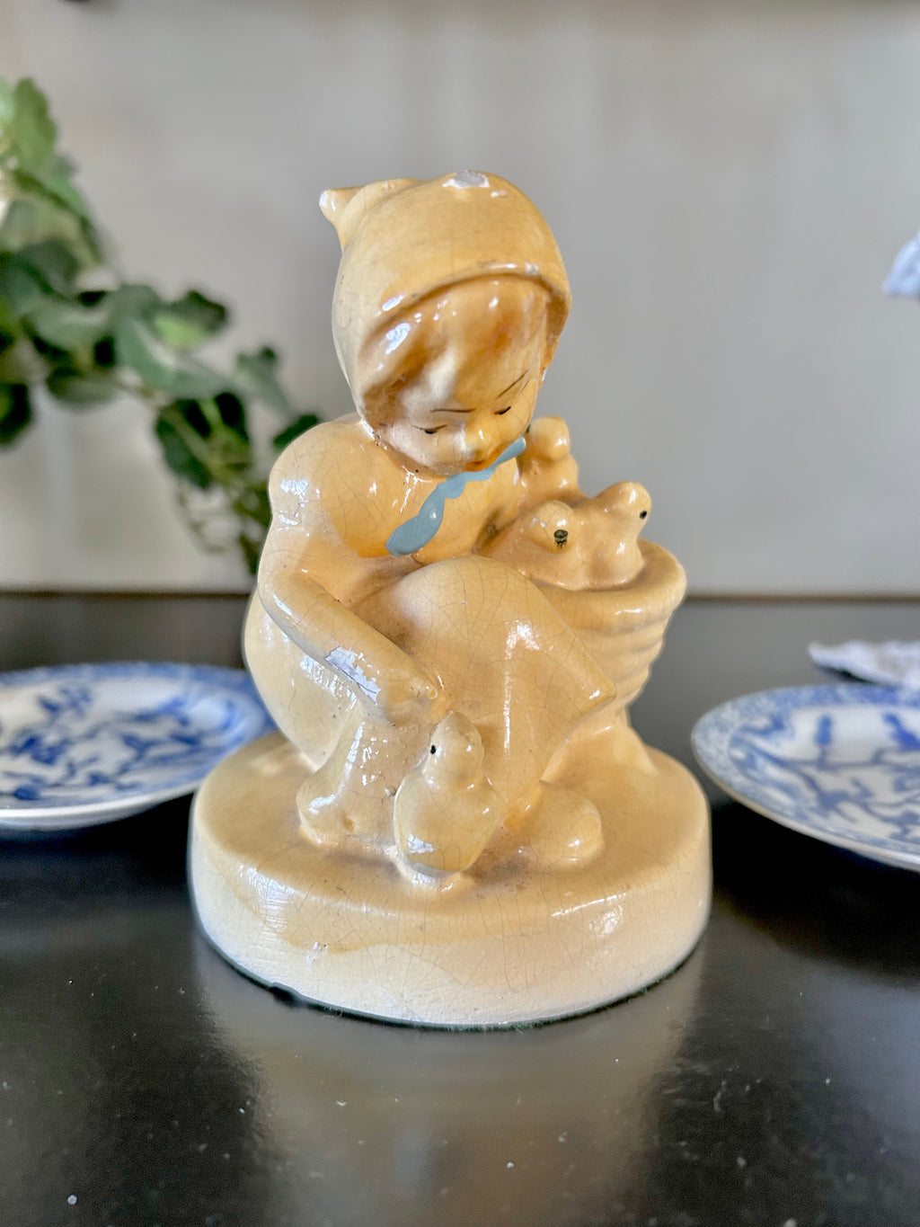Vintage Chalkware Statuette Girl and Chicks