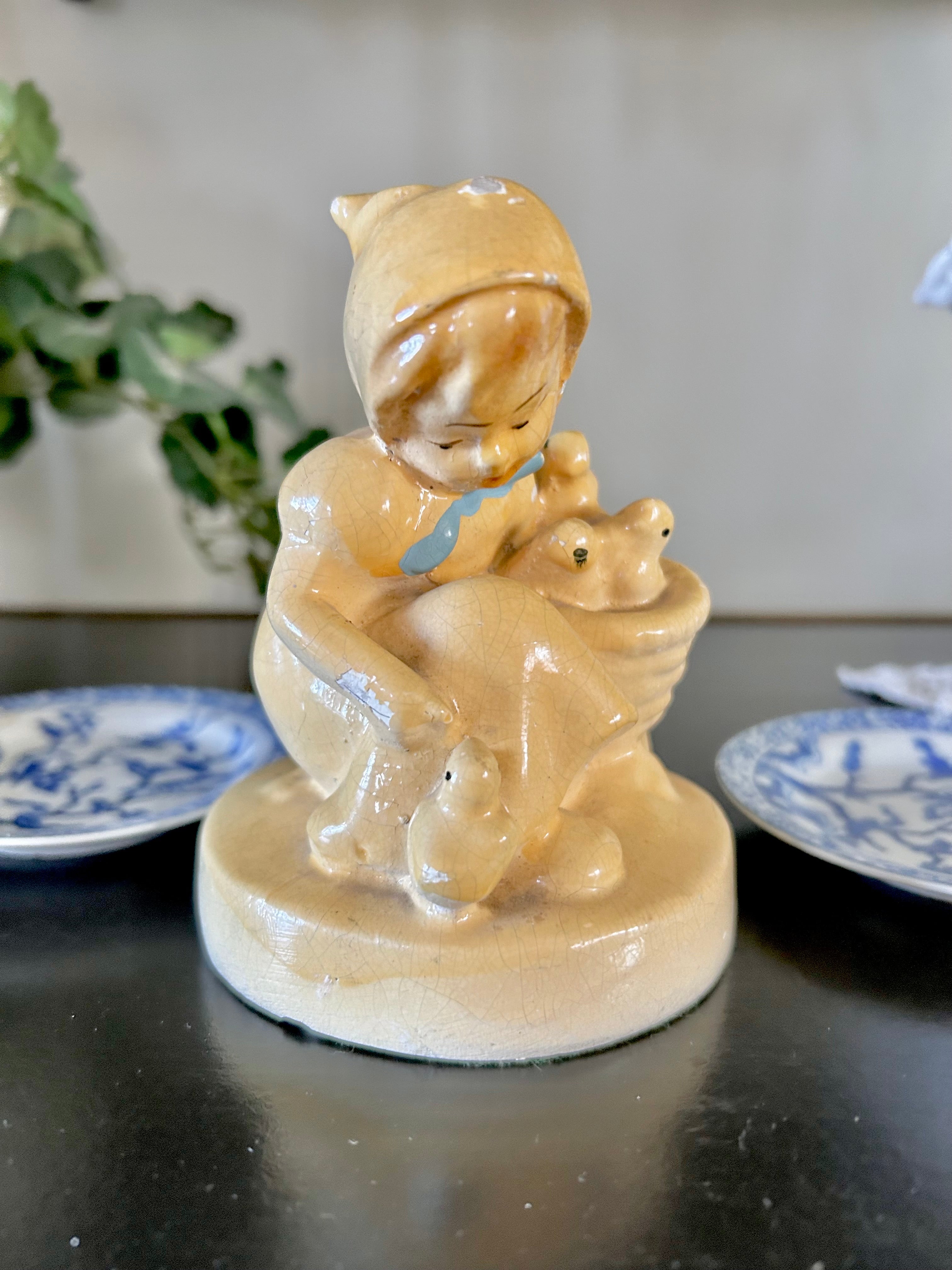 Vintage Chalkware Statuette Girl and Chicks