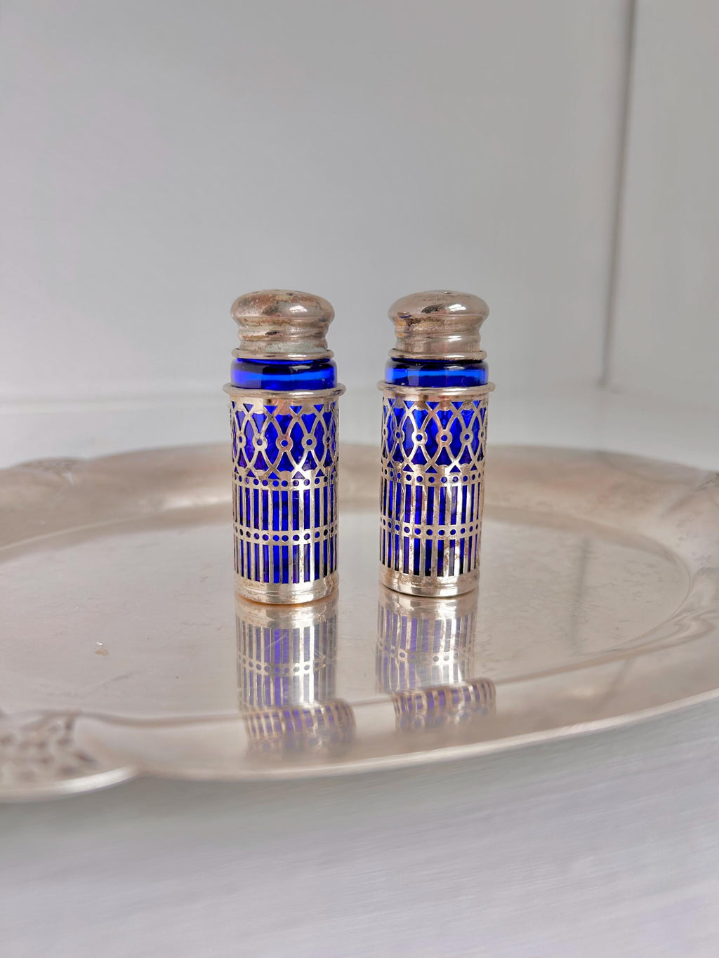 Vintage Cobalt Blue Glass Salt and Pepper Shakers - Silverplate Sleeves