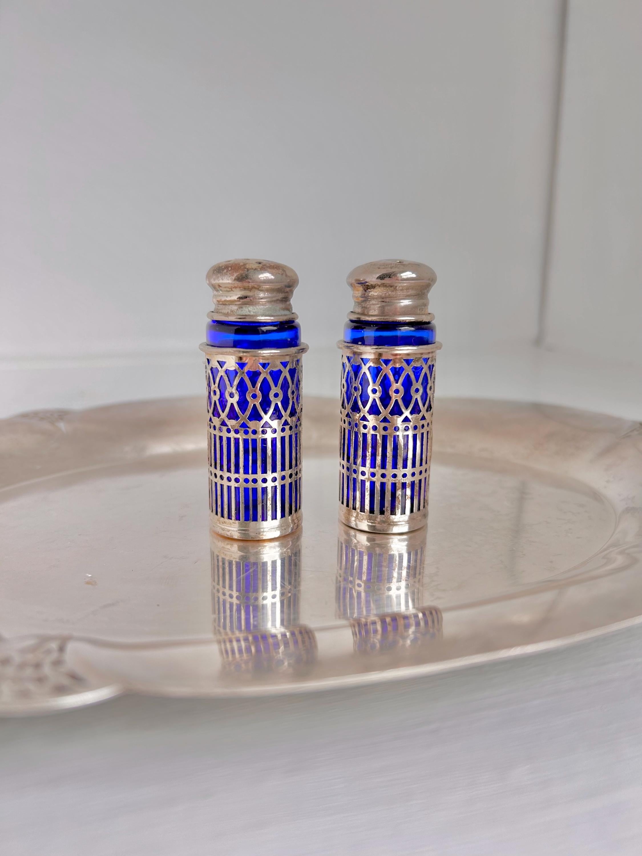 Vintage Cobalt Blue Glass Salt and Pepper Shakers - Silverplate Sleeves
