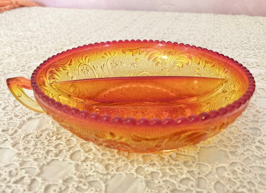 Vintage Amberina Depression Glass Divided Relish Dish with Handle, Rounded Sawtooth Edging