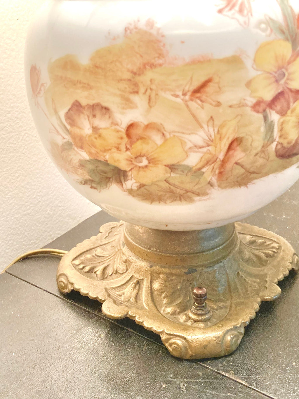 Vintage Floral Milk Glass Lamp - Converted Brass Oil Lamp