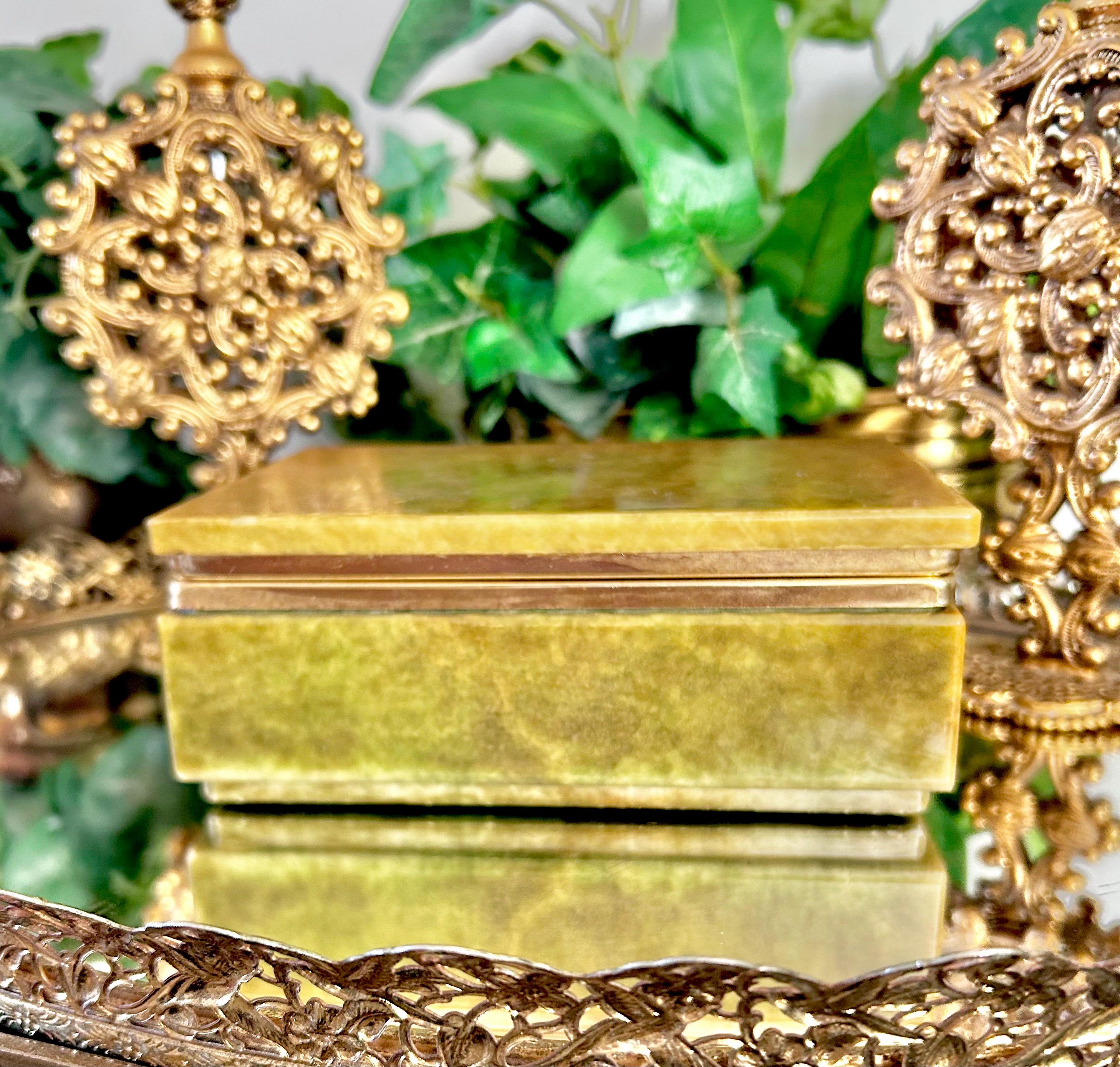 Vintage Olive Green Alabaster Hinged Jewelry Box with gold Tone Trim, Footed