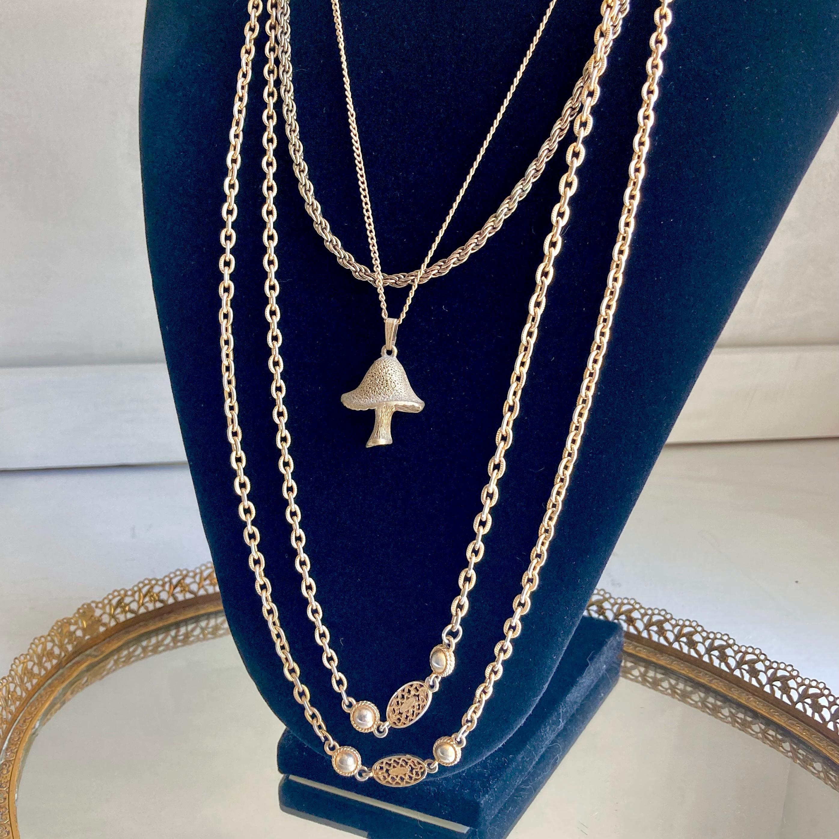 Vintage Gold Tone Necklace: Sarah Coventry Mushroom Pendant or Long Filigree Chain