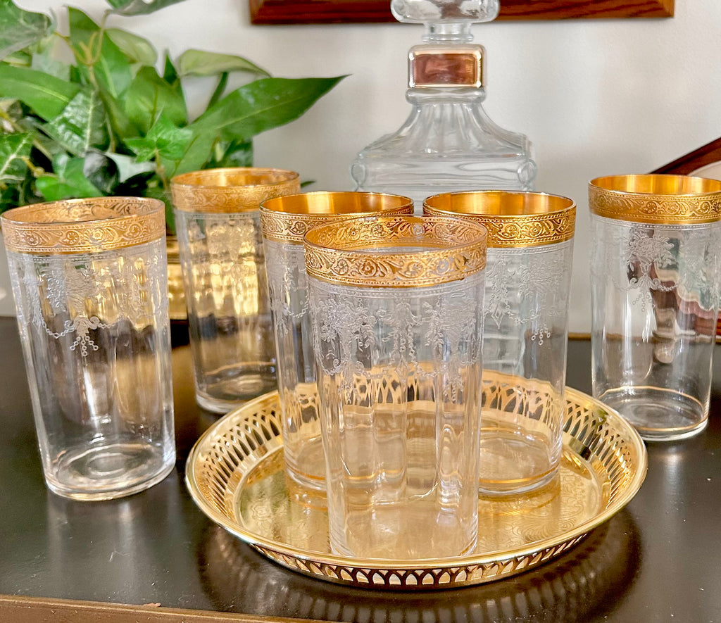 Midcentury Tiffin Ribbed Gilt Glass Tumblers set of 6