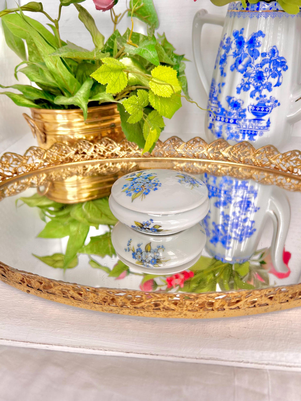 Vintage Gilt Oval Mirror Tray: Gold Floral Bird Frame