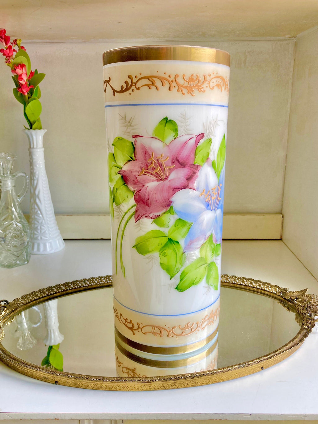 Vintage 1930s Milk Glass Vase – Deluxe Inc Floral Cylinder with Gilt