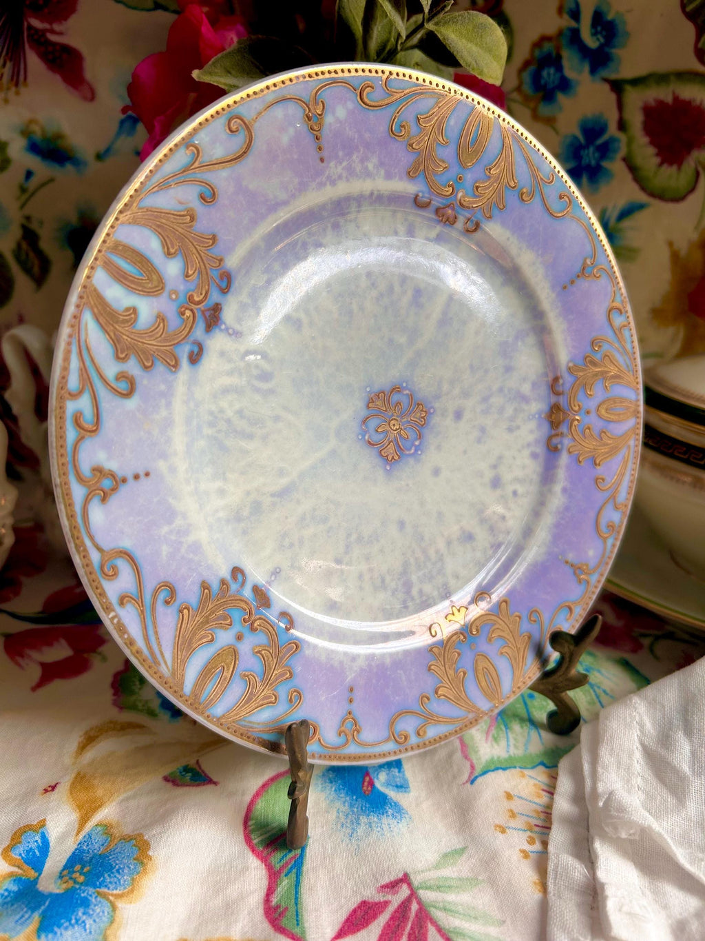 Vintage Purple Lusterware Plate: Gold Filigree Trim, RS Japan