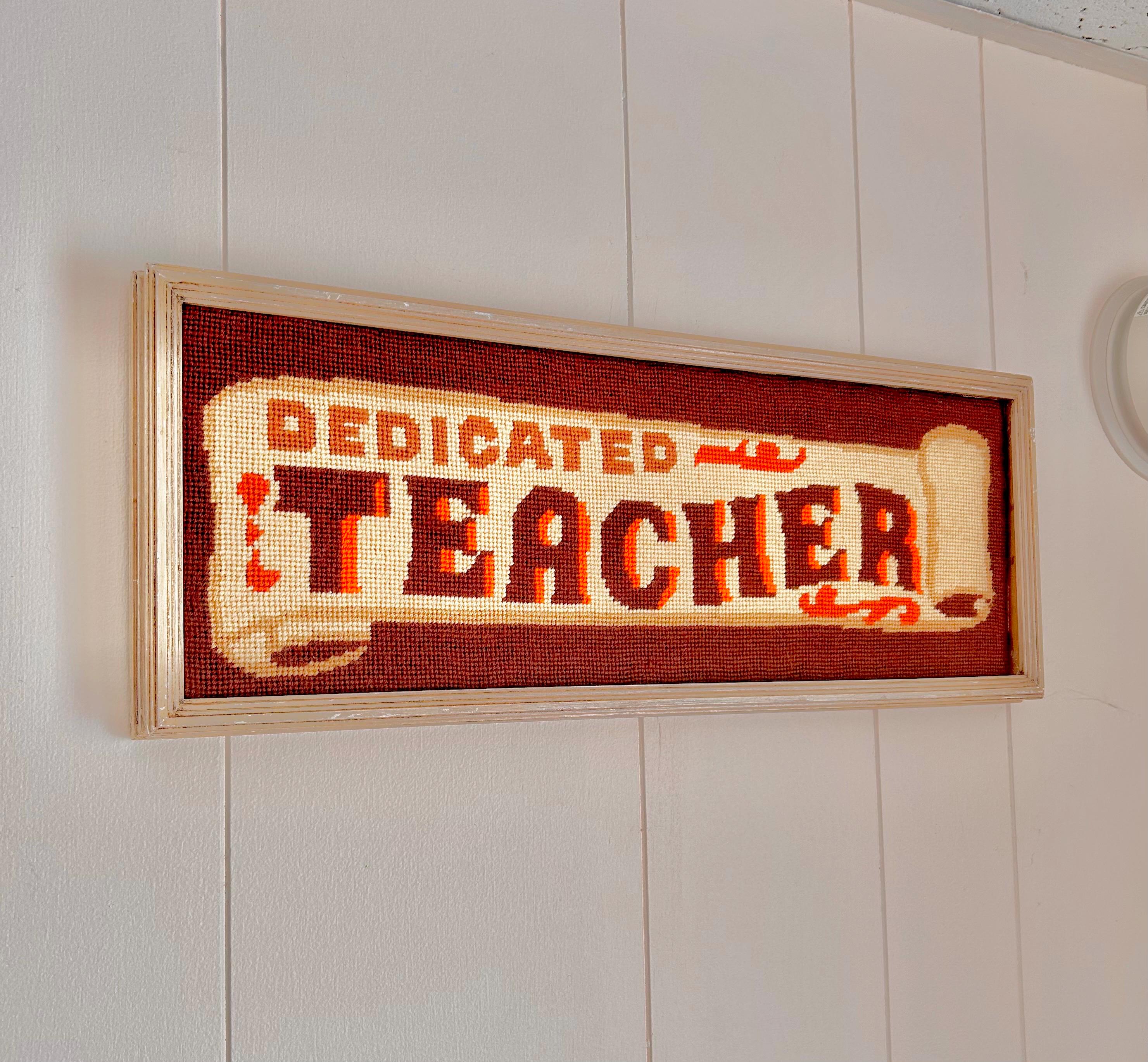 Vintage Framed Needlepoint Art: "Dedicated Teacher" Crewel Yarn Picture