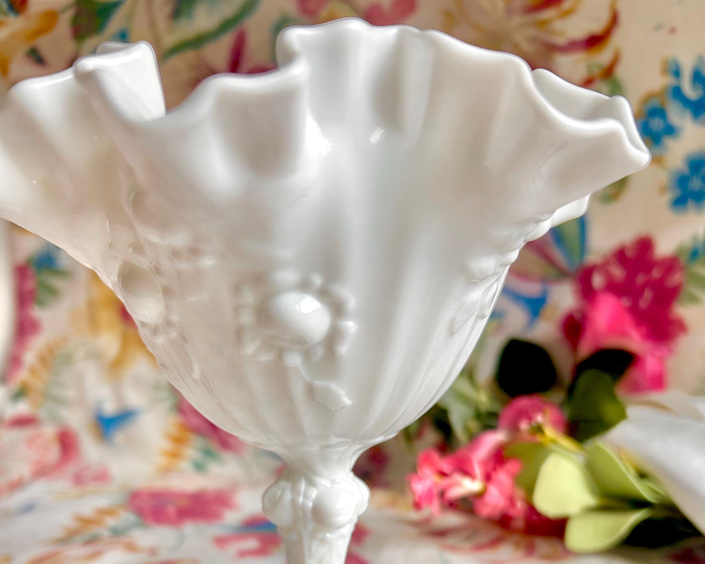 Vintage Fenton Milk Glass Compote, Rosebud Relief, Ruffled Edge