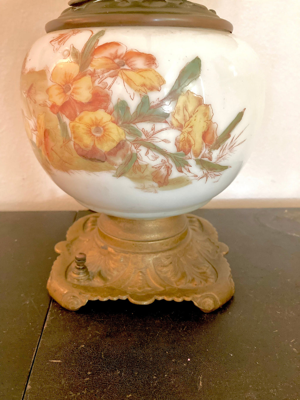 Vintage Floral Milk Glass Lamp - Converted Brass Oil Lamp