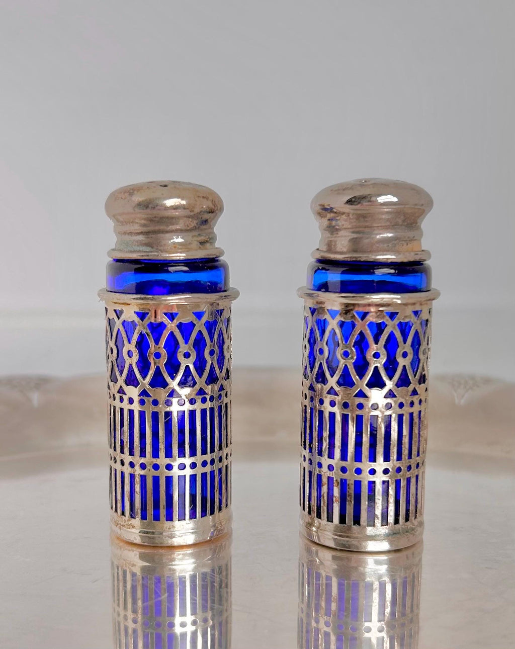 Vintage Cobalt Blue Glass Salt and Pepper Shakers - Silverplate Sleeves