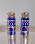 Vintage Cobalt Blue Glass Salt and Pepper Shakers - Silverplate Sleeves