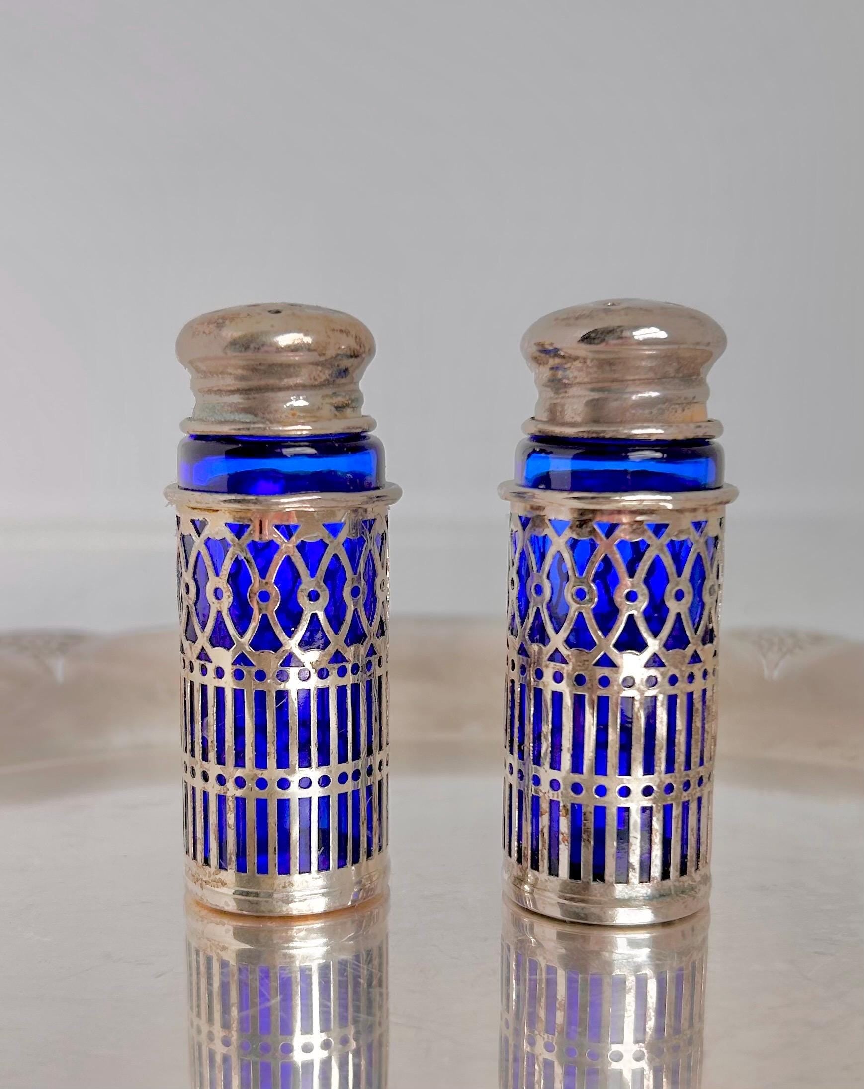 Vintage Cobalt Blue Glass Salt and Pepper Shakers - Silverplate Sleeves