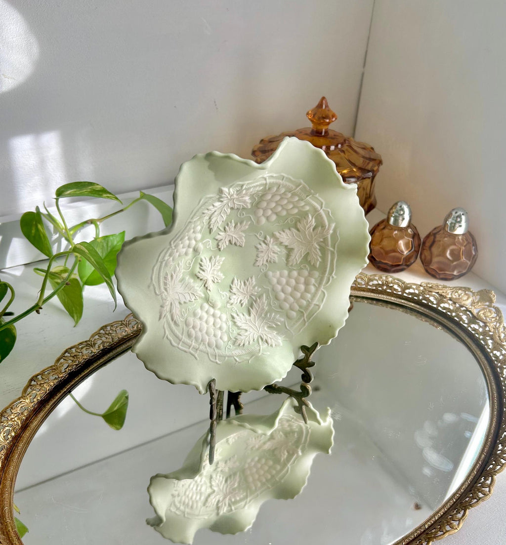 Vintage Bisque Ruffled Bowl: Pale Green Grape Vine Pattern