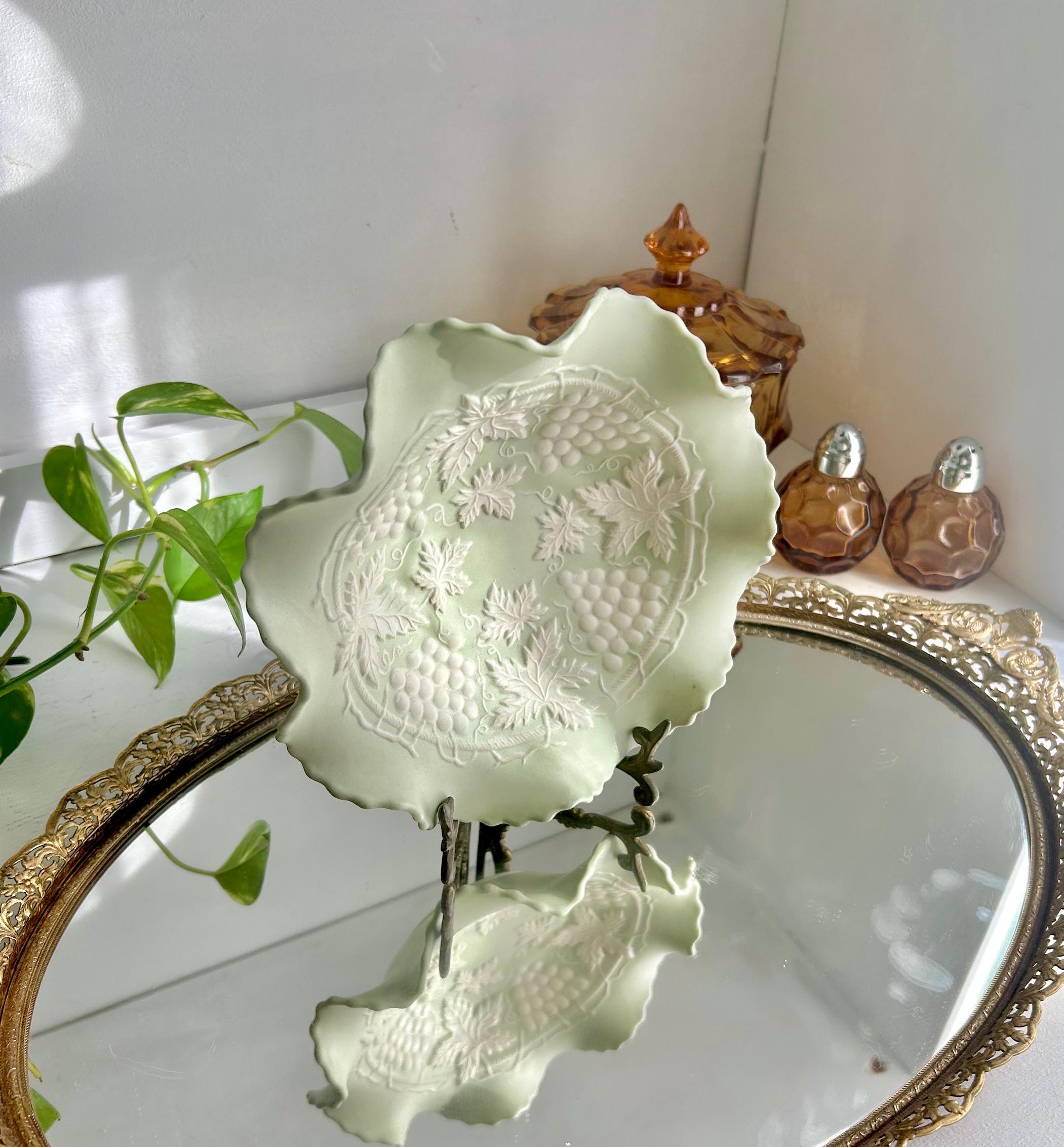 Vintage Bisque Ruffled Bowl: Pale Green Grape Vine Pattern