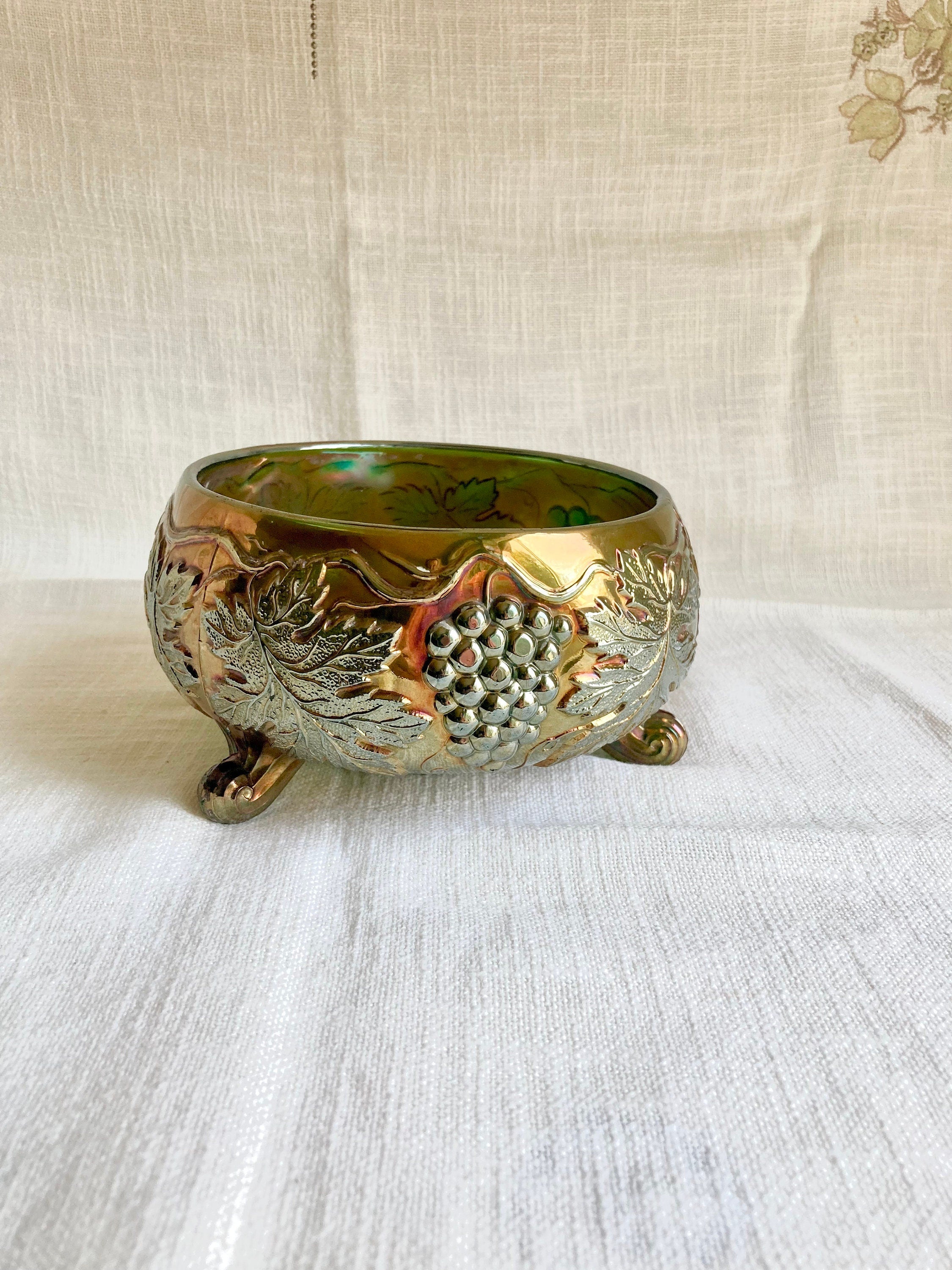 Vintage Fenton green Emerald Carnival Glass Three Footed Grape Vine Bowl - Fair Condition - a Beauty!