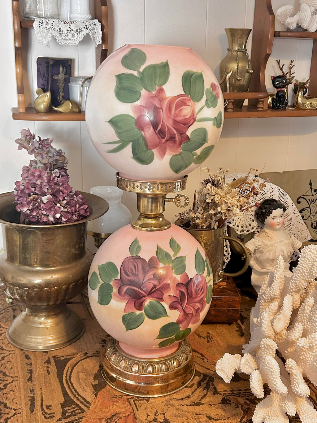 Vintage Three Way Glass Globe Lamp Hand-painted Roses