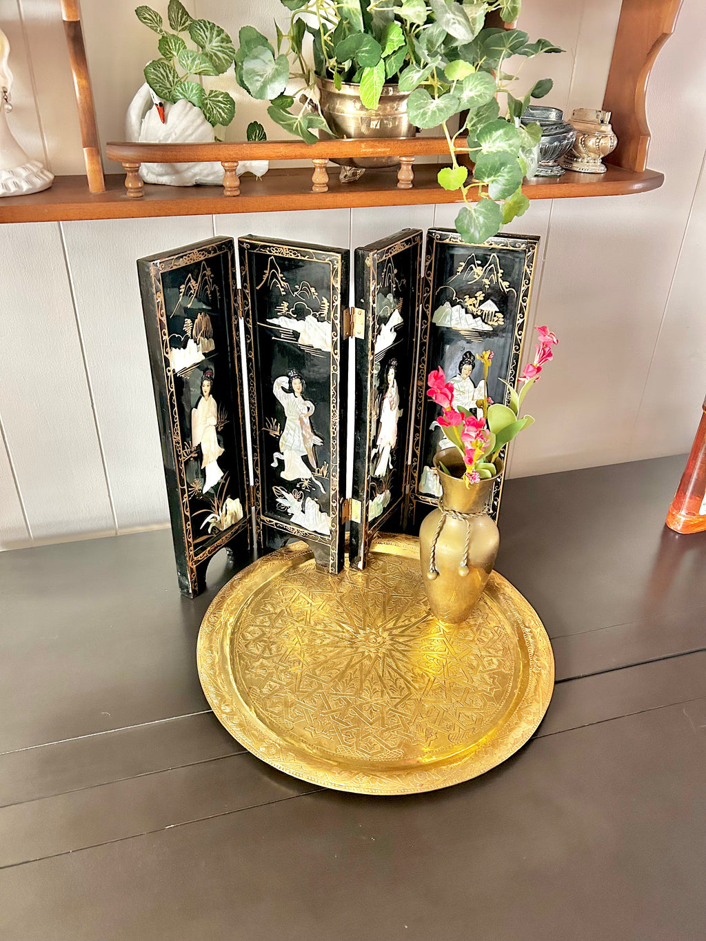 1990s Chinoiserie Small Wooden Accordion Screen